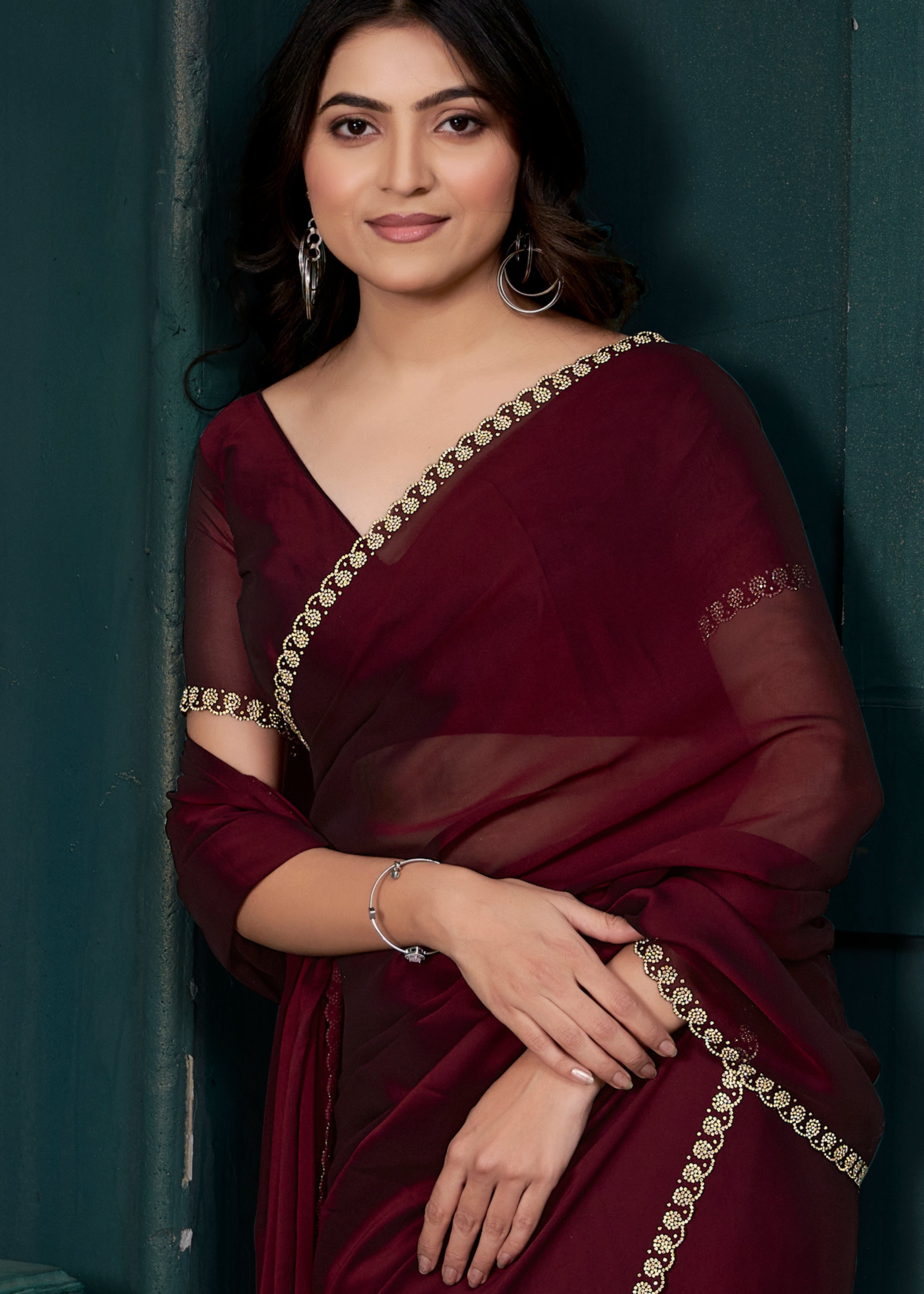 Deep Maroon Embellished Crepe Silk Saree