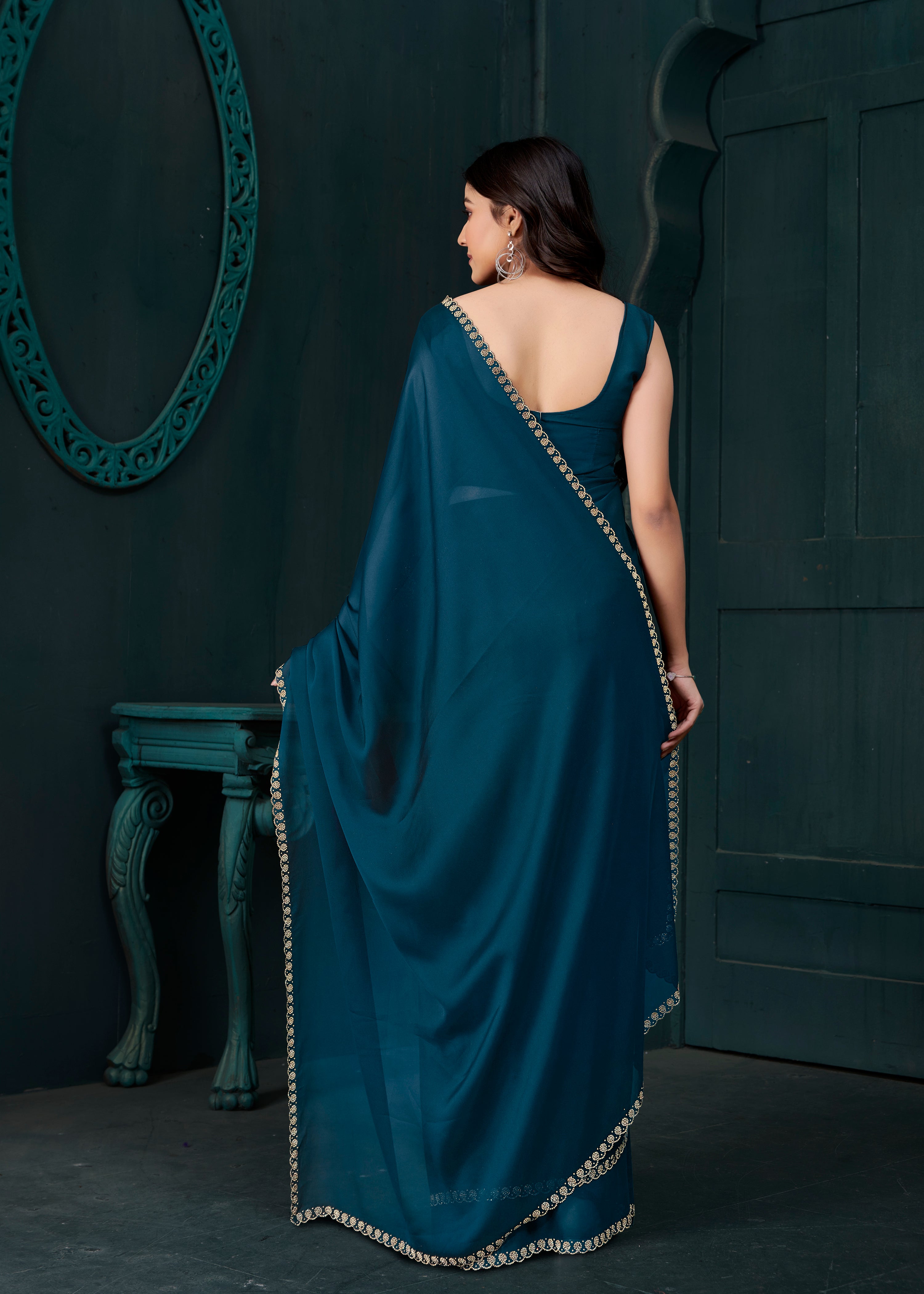 Deep Teal Embellished Crepe Silk Saree