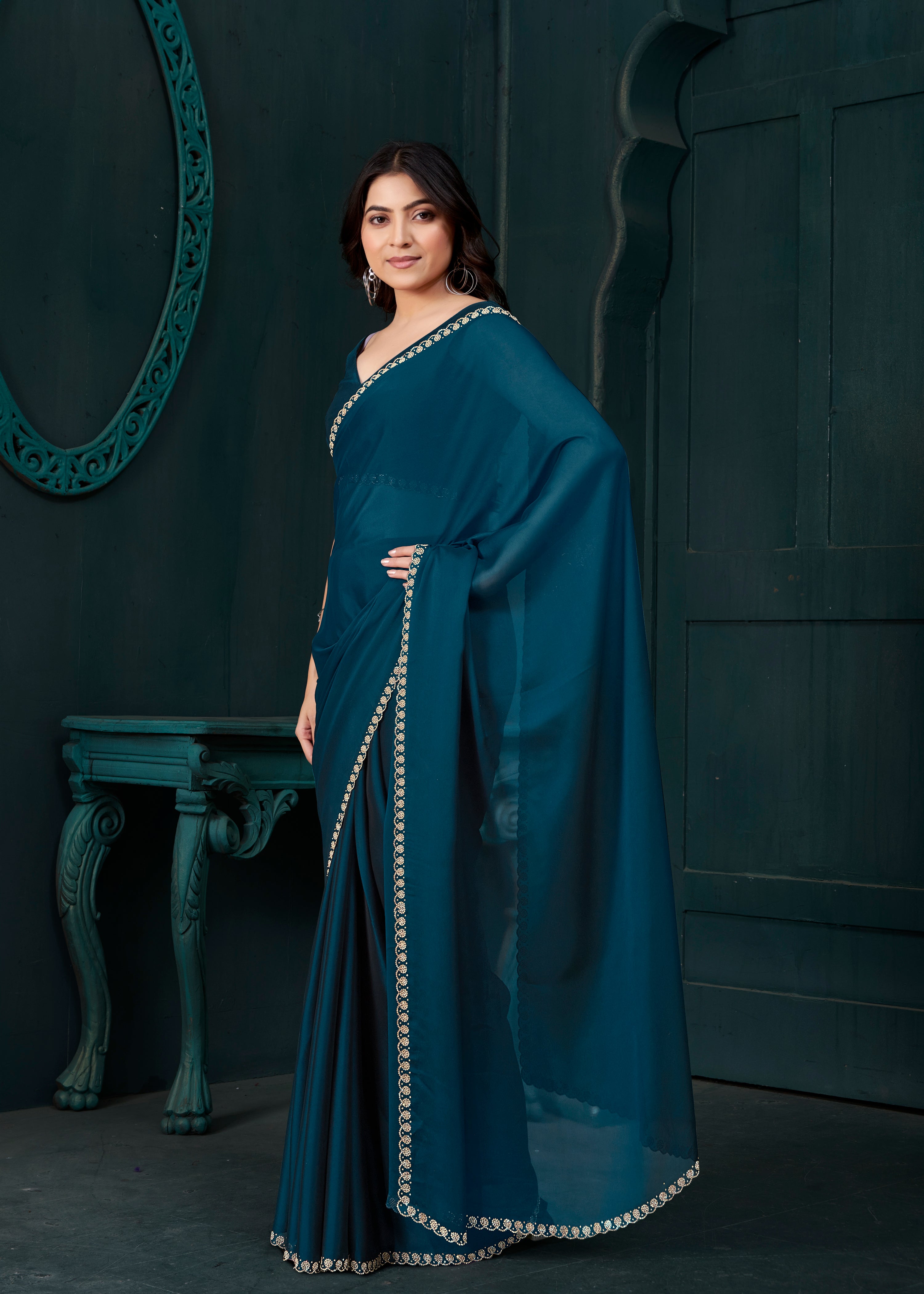 Deep Teal Embellished Crepe Silk Saree