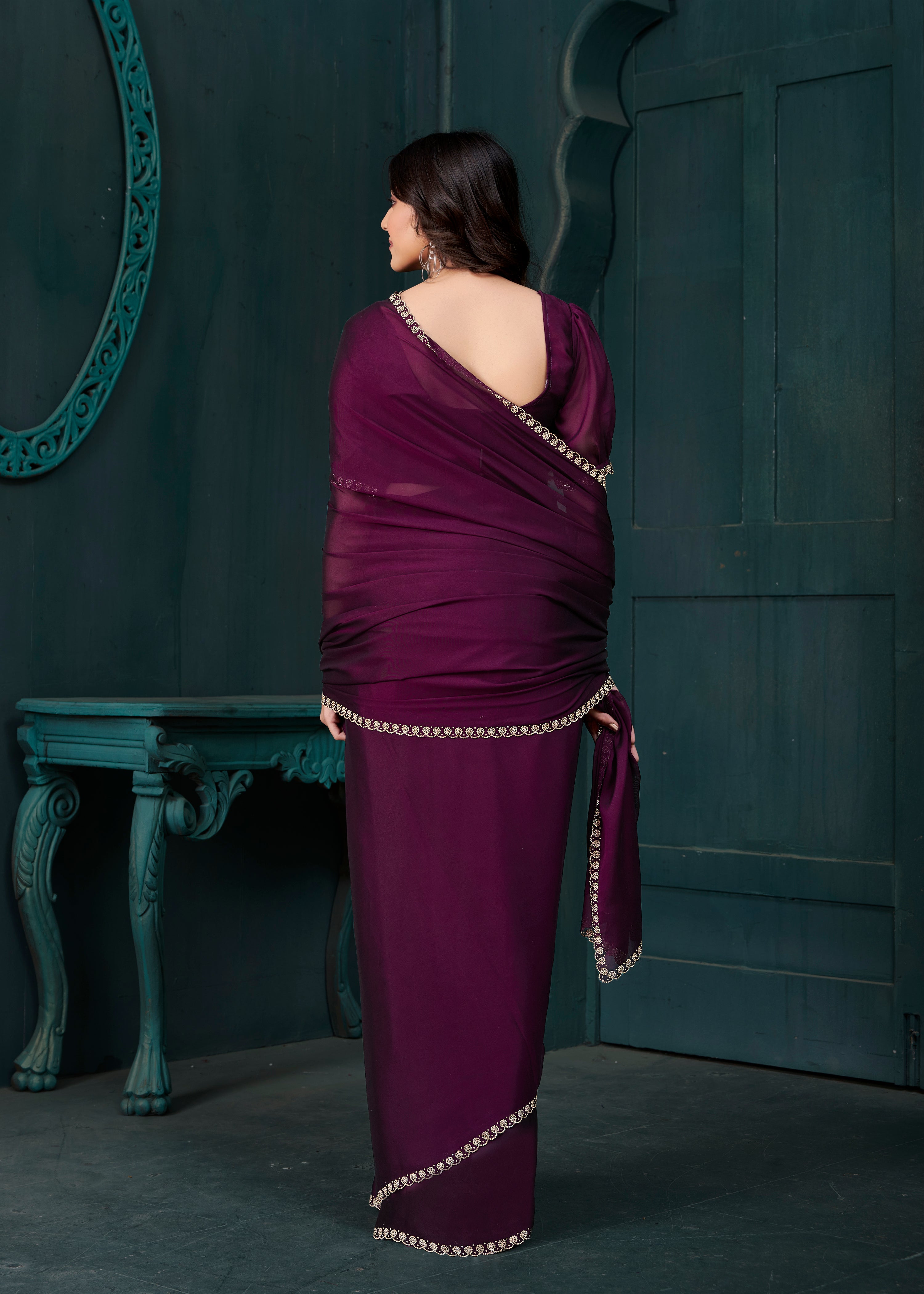 Deep Plum Embellished Crepe Silk Saree