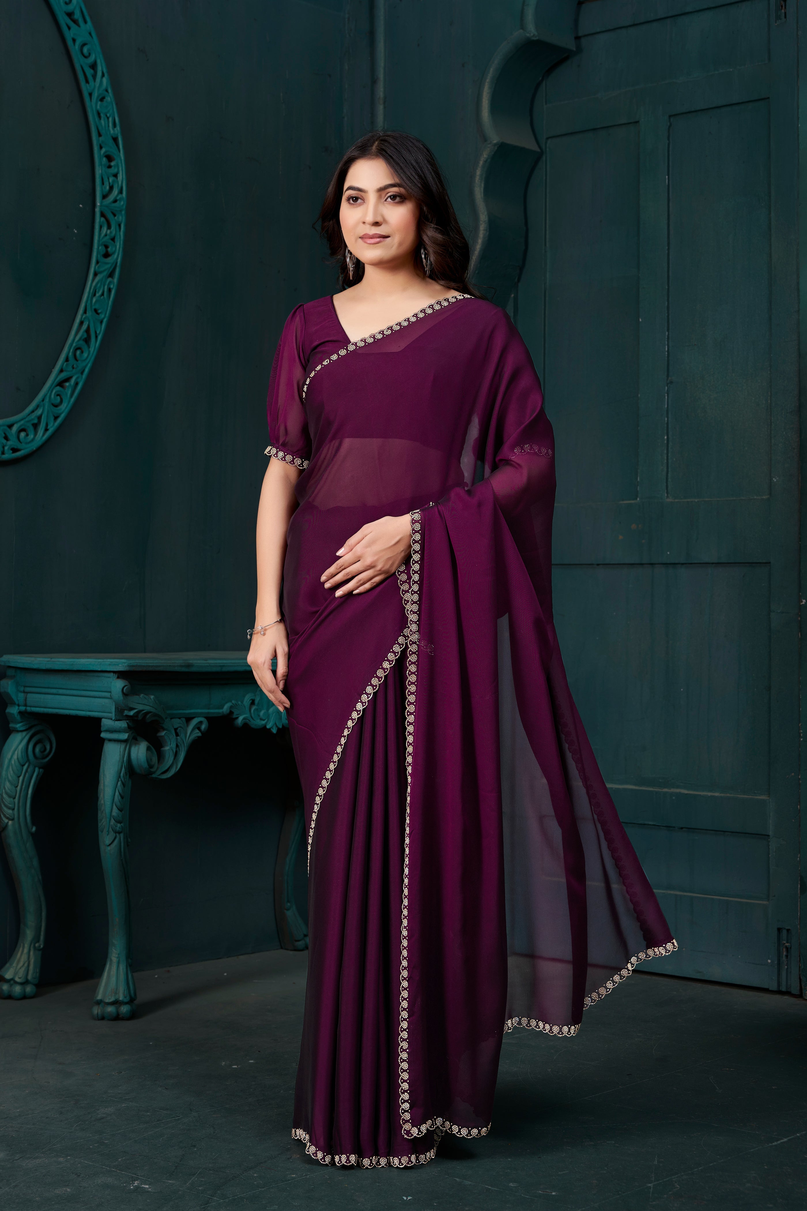 Deep Plum Embellished Crepe Silk Saree
