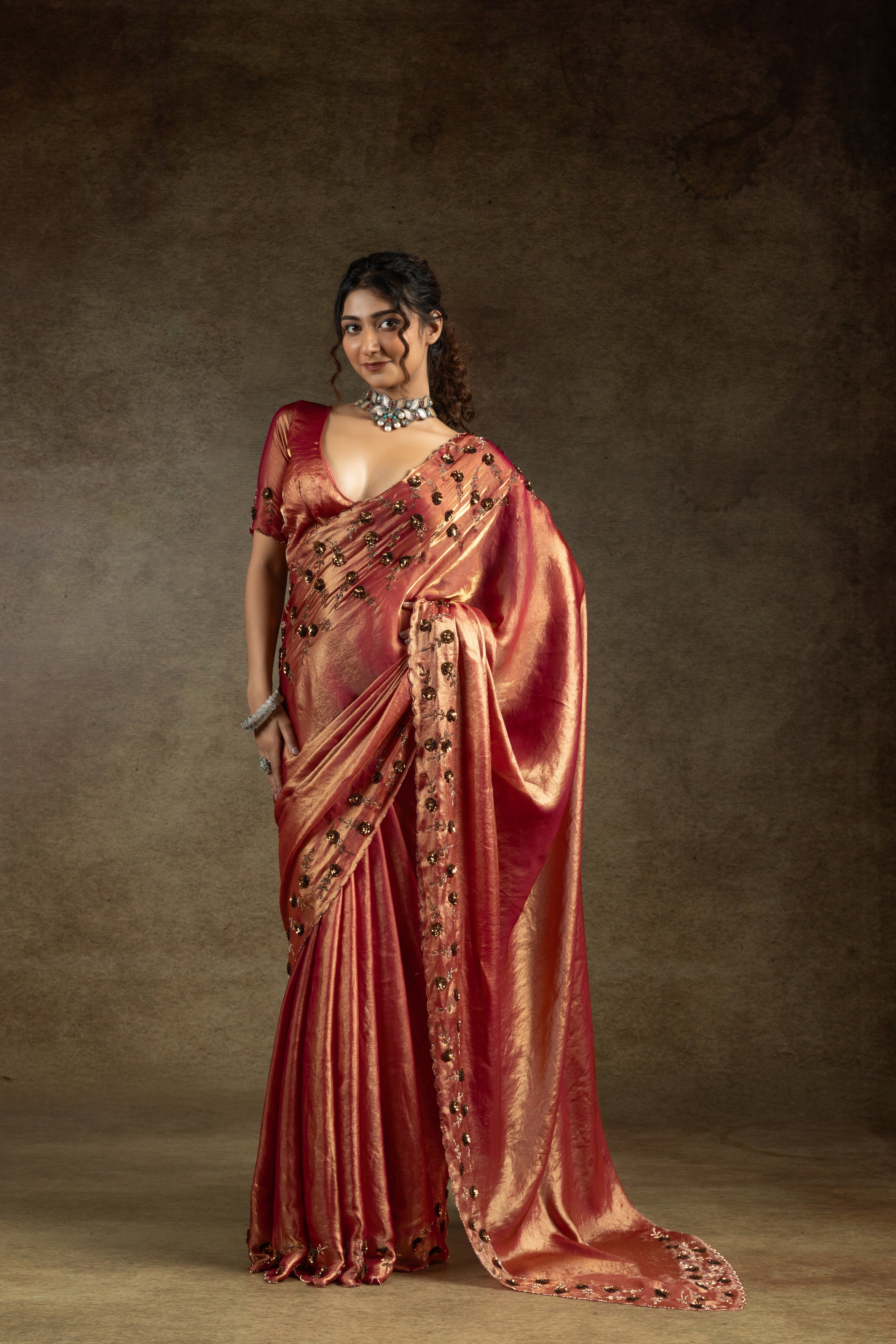 Copper Rust Embellished Satin Silk Saree