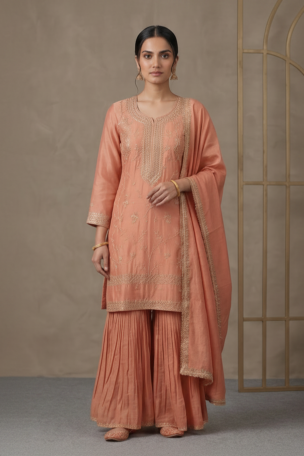 Soft Peach Tissue Silk Sharara Set