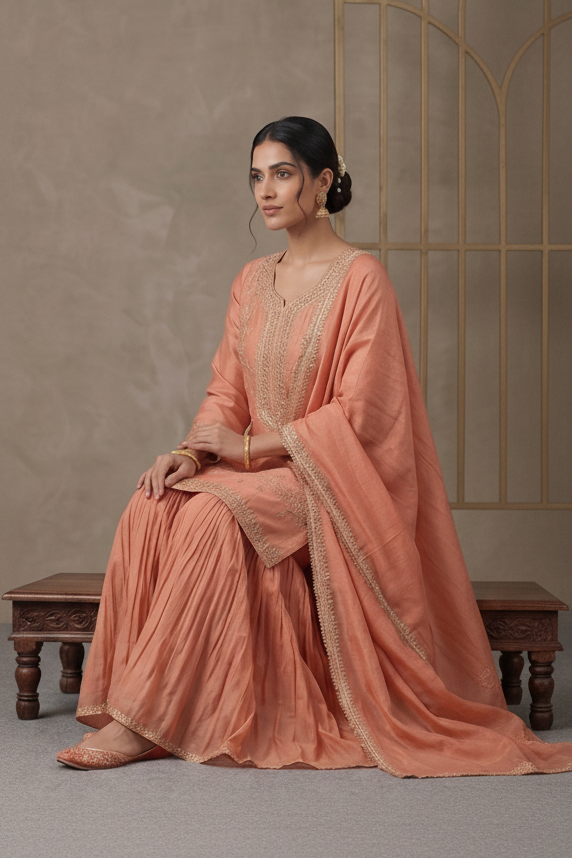 Soft Peach Tissue Silk Sharara Set