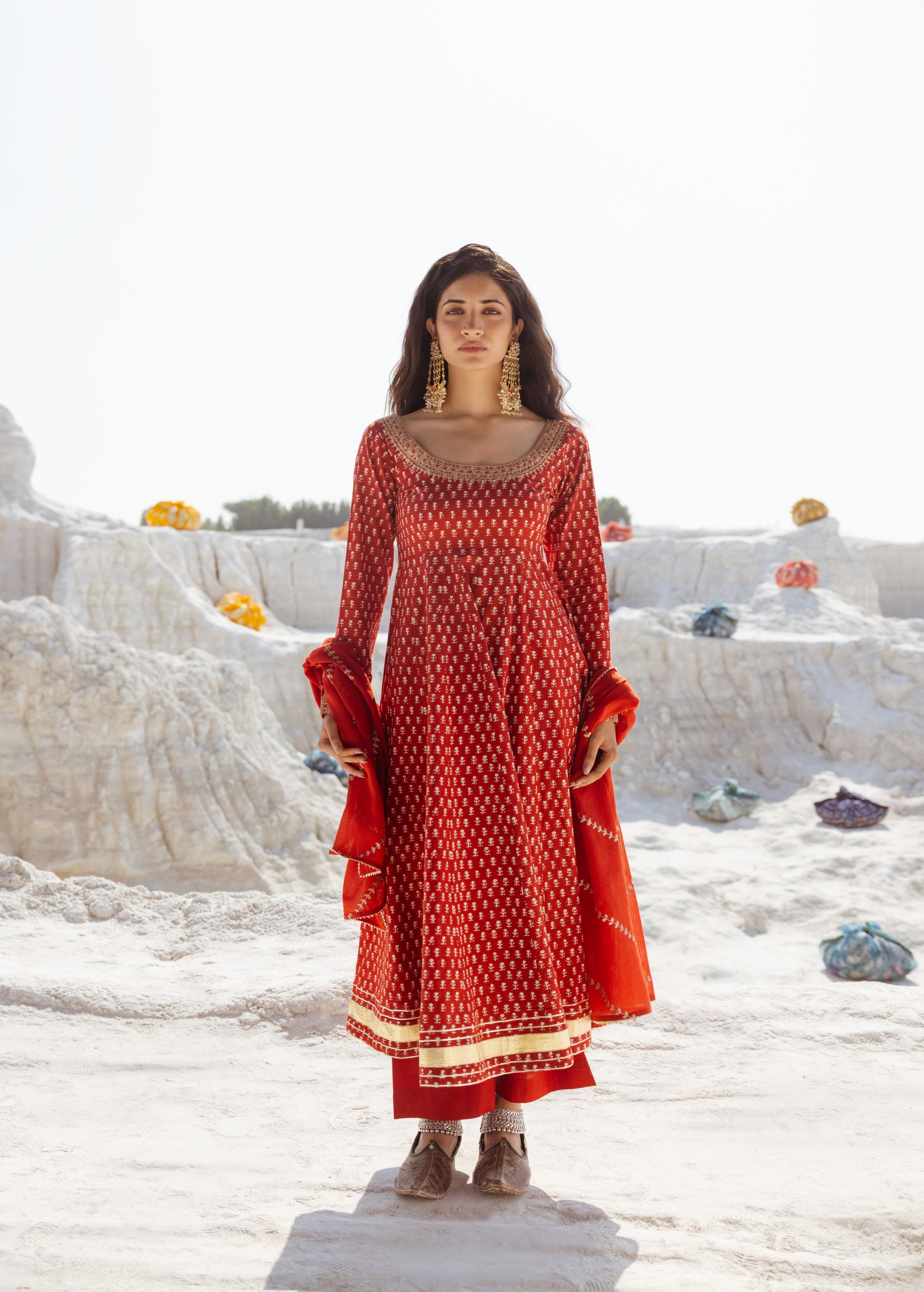 Crimson Red Embellished Organic Cotton Anarkali Set