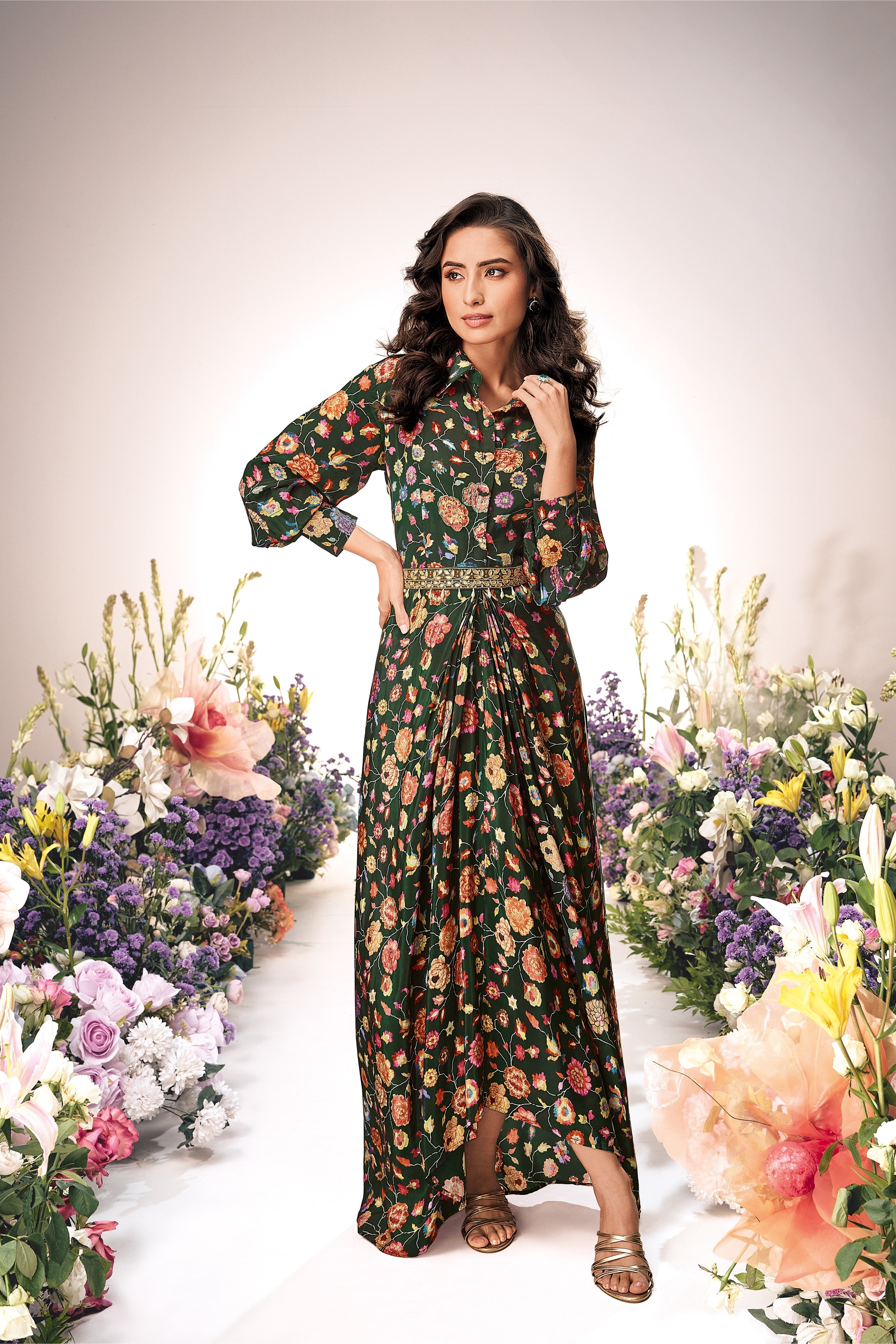 Green Floral Crepe Silk Cowl Dress