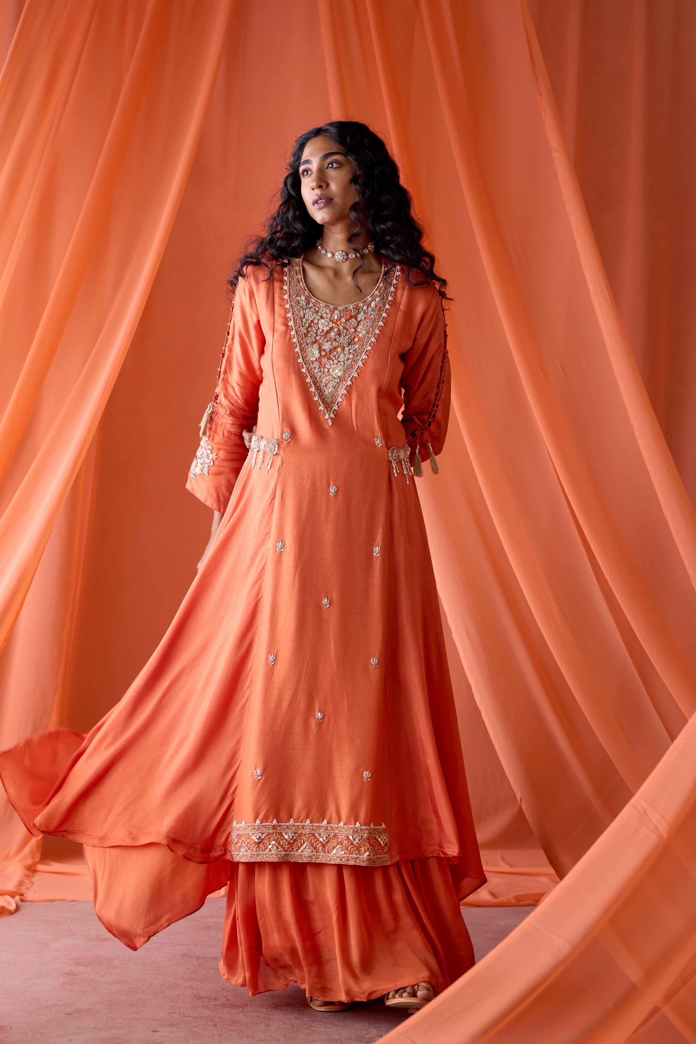 Sunset Orange Embellished Satin Silk Skirt Set