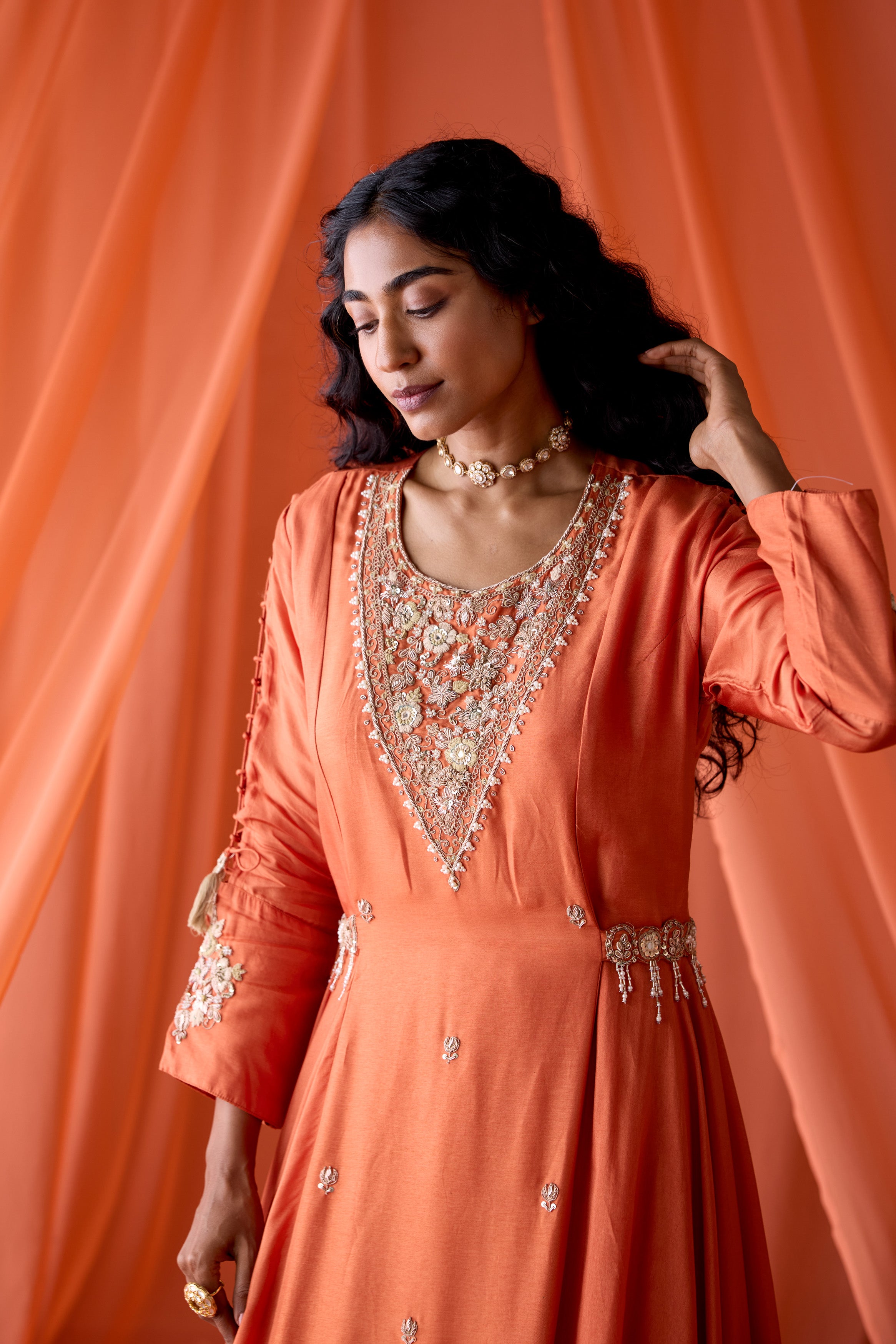 Sunset Orange Embellished Satin Silk Skirt Set