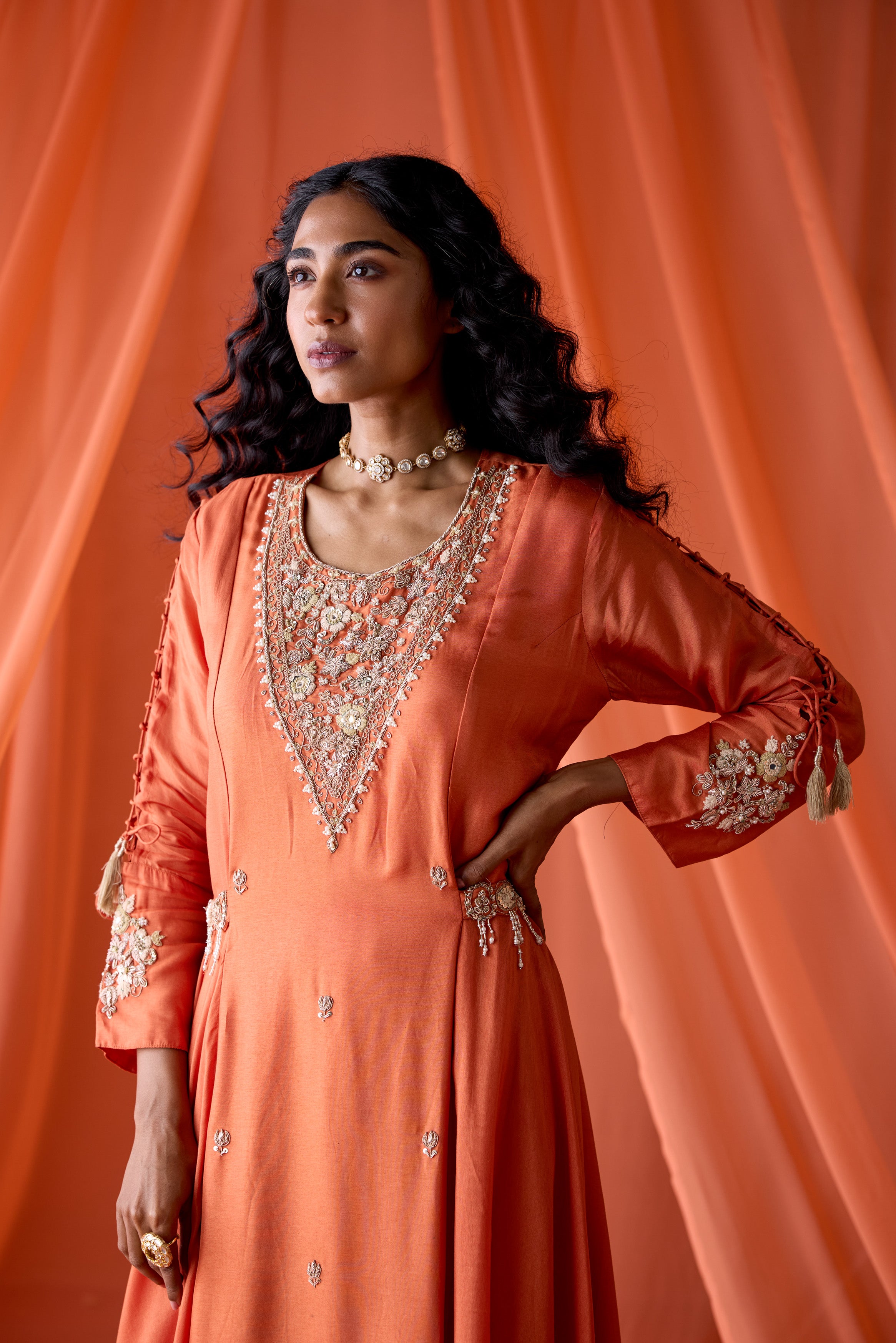 Sunset Orange Embellished Satin Silk Skirt Set