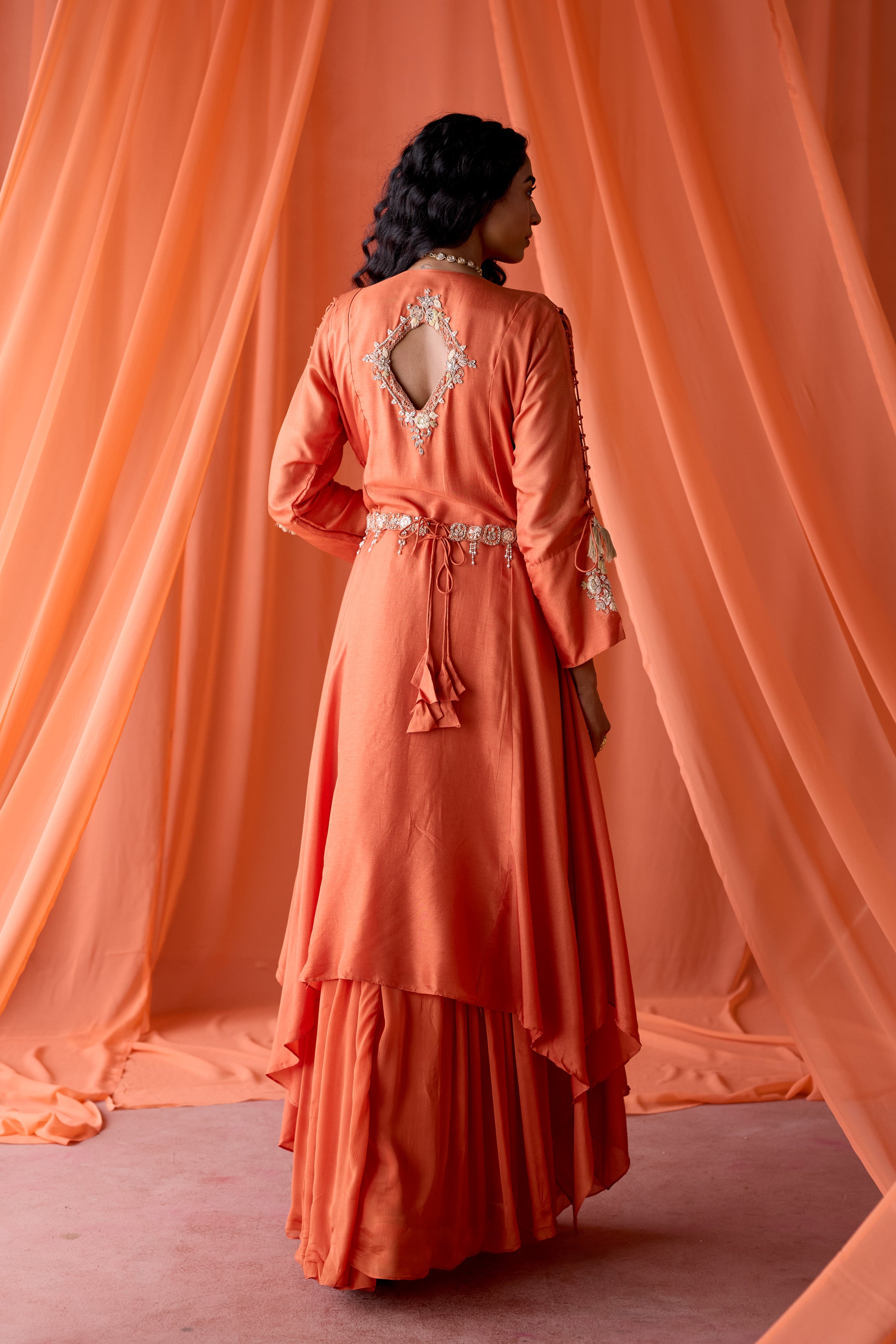 Sunset Orange Embellished Satin Silk Skirt Set
