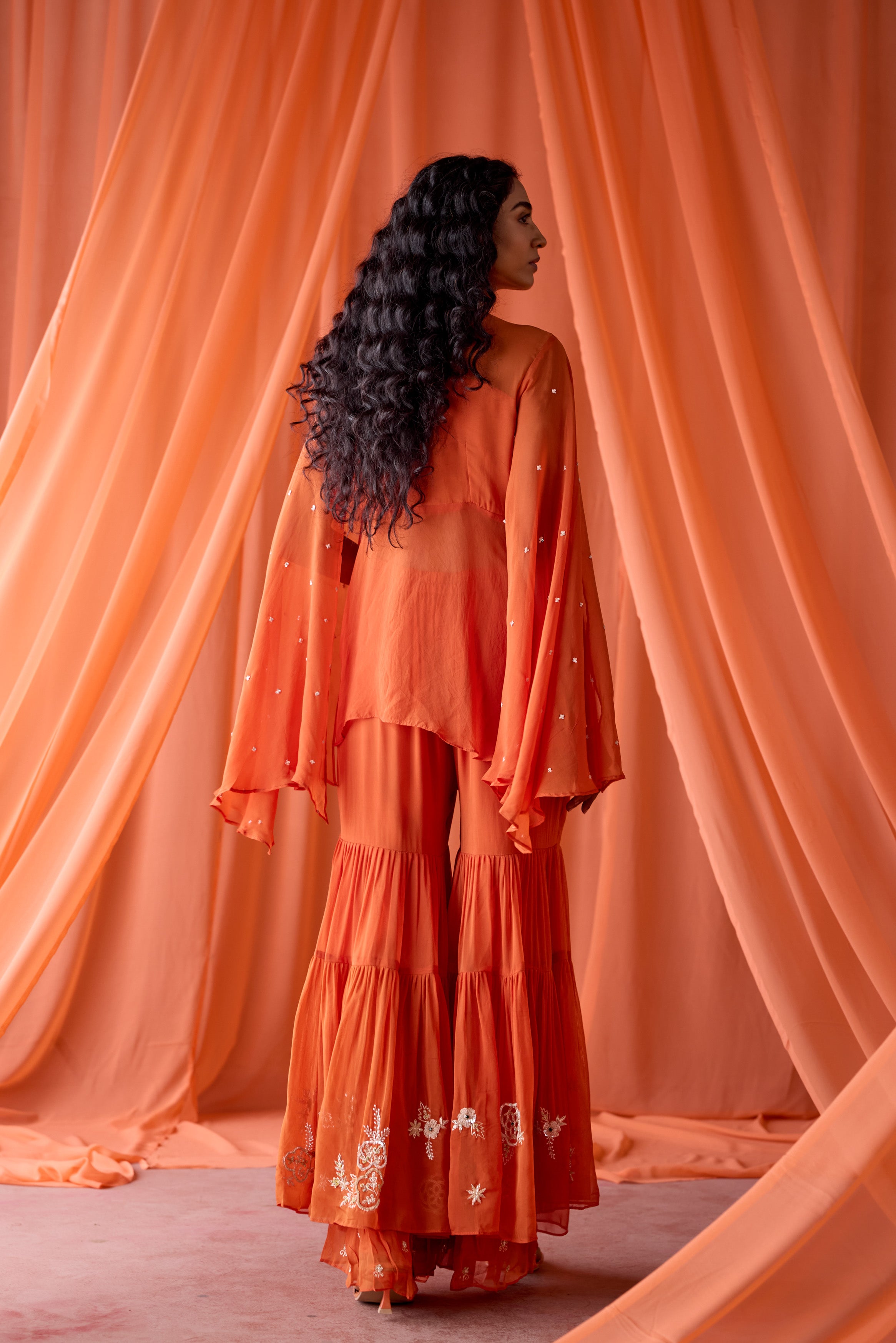 Rust Orange Embellished Organza Silk Sharara Set