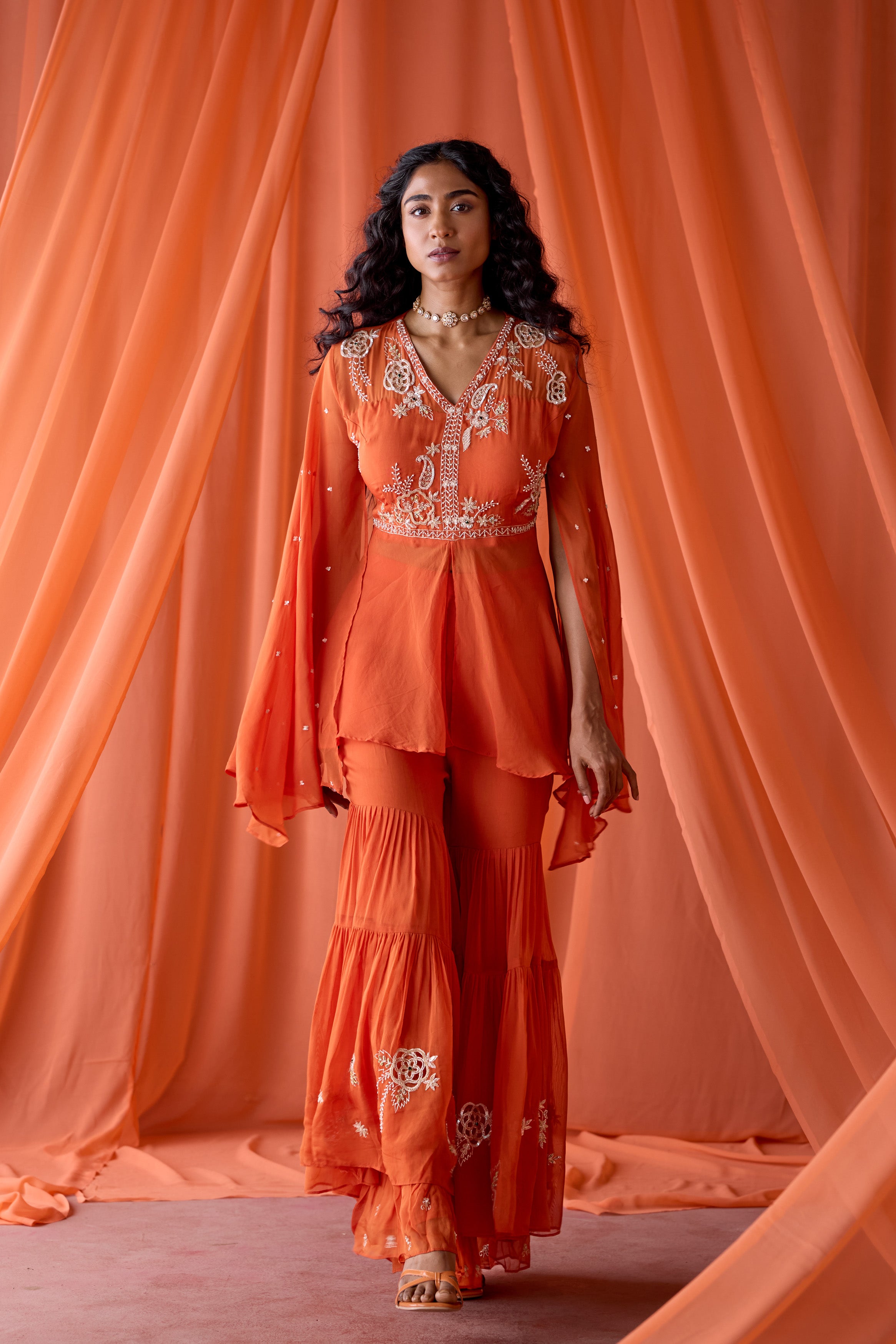 Rust Orange Embellished Organza Silk Sharara Set