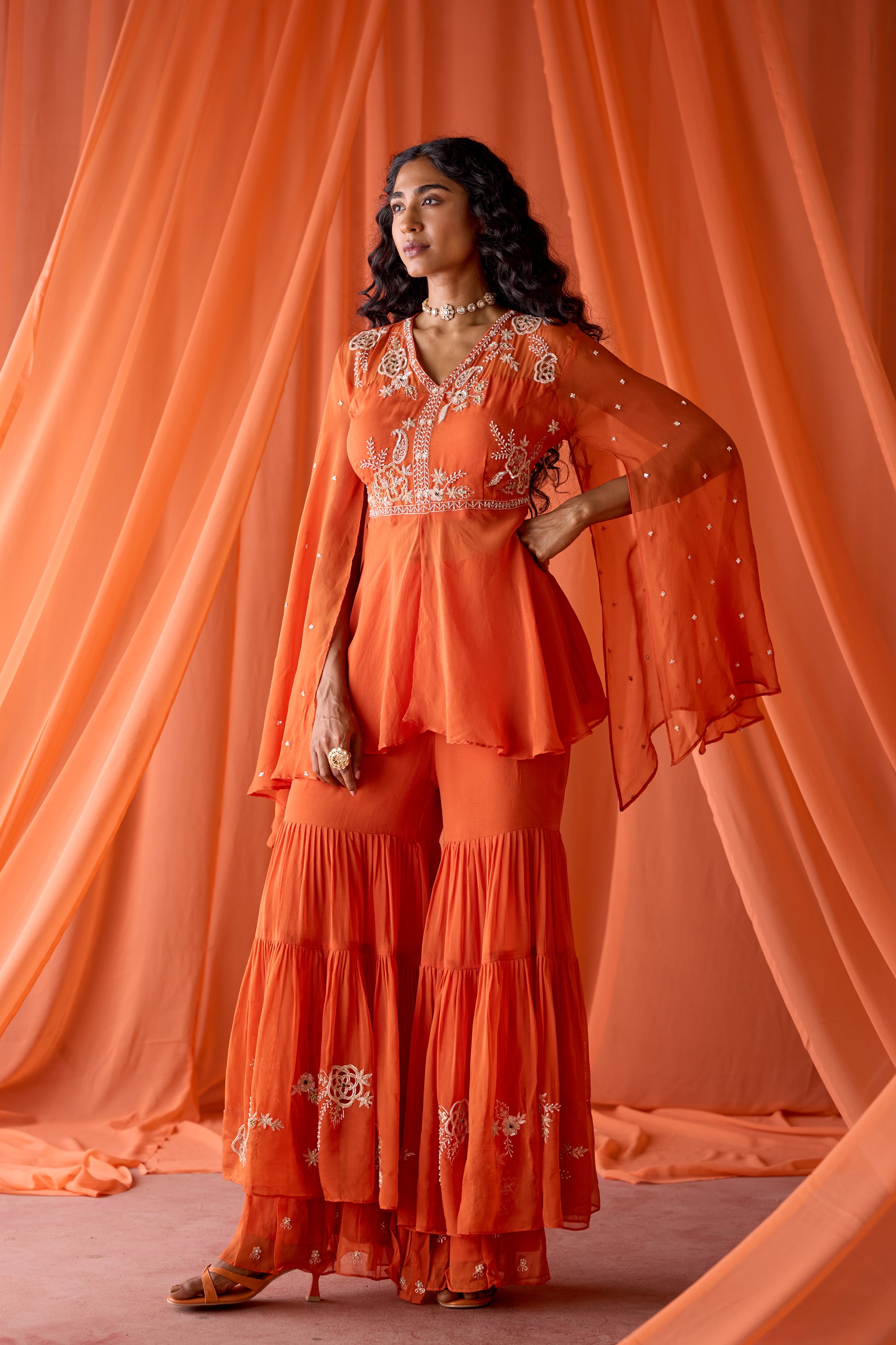 Rust Orange Embellished Organza Silk Sharara Set