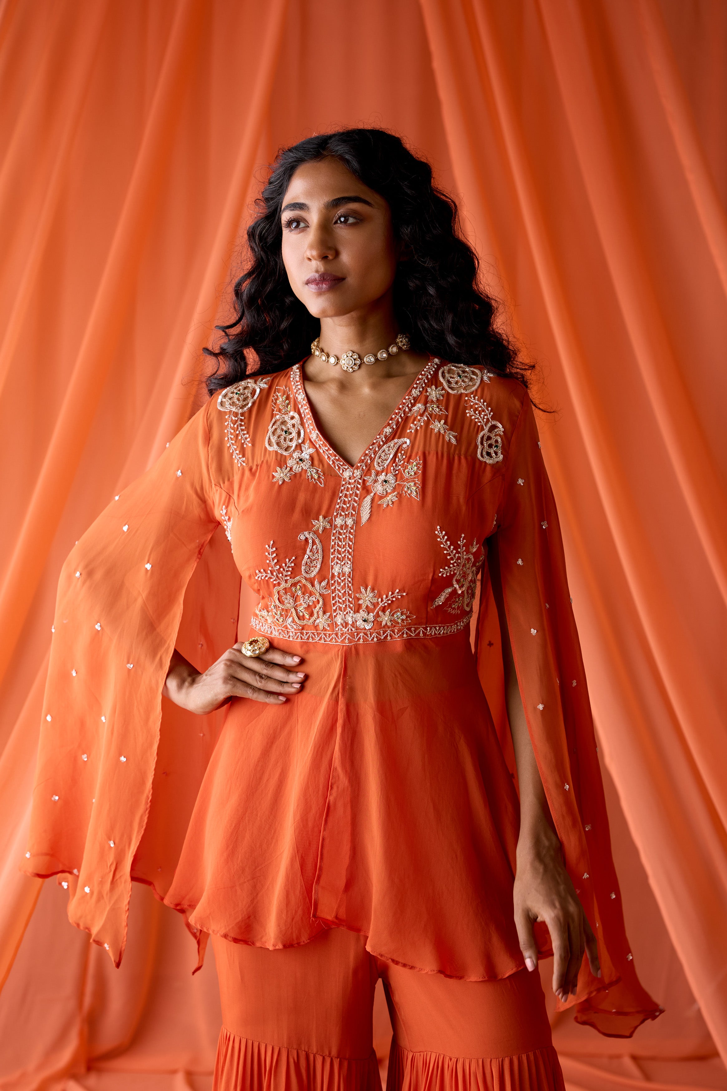 Rust Orange Embellished Organza Silk Sharara Set