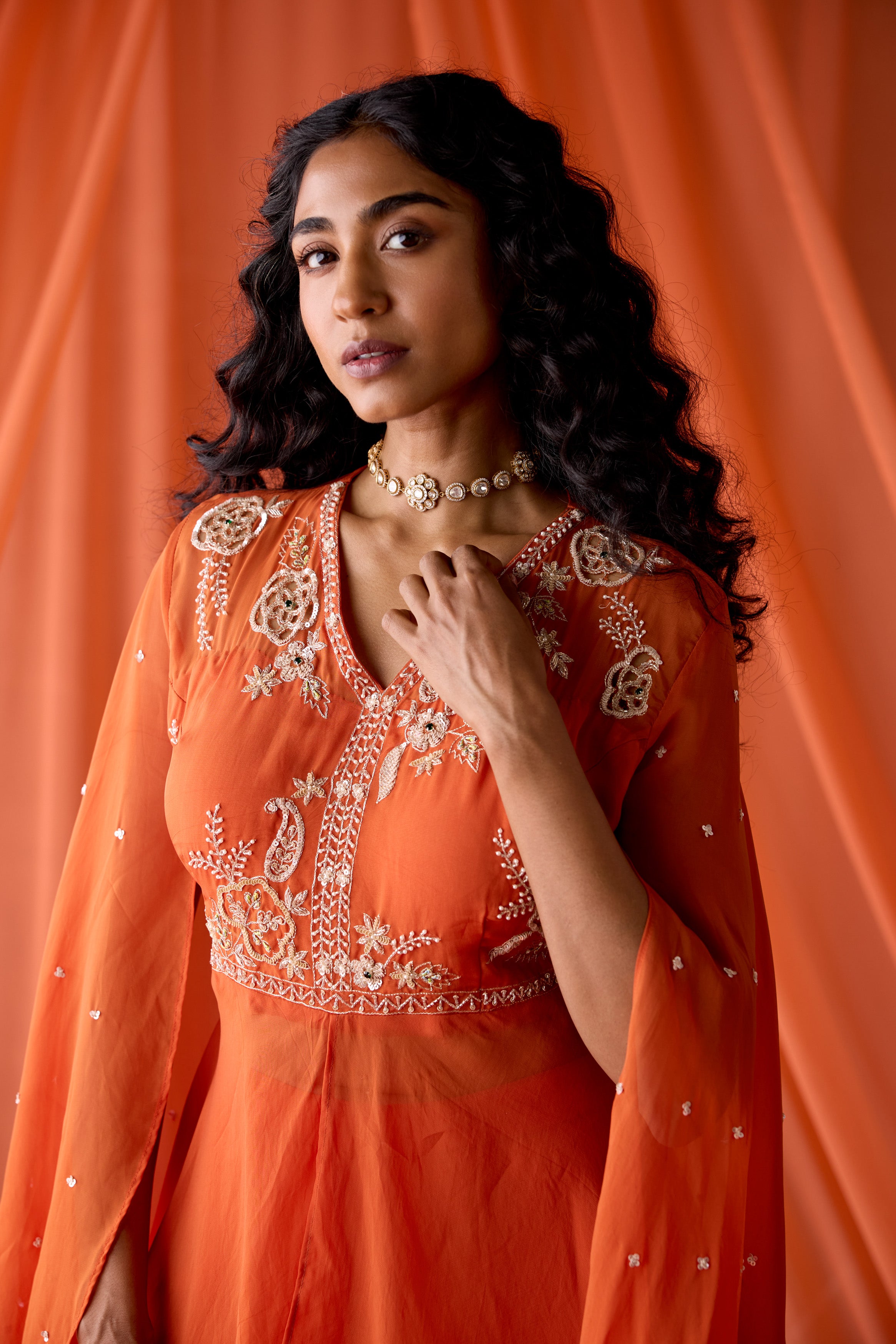 Rust Orange Embellished Organza Silk Sharara Set