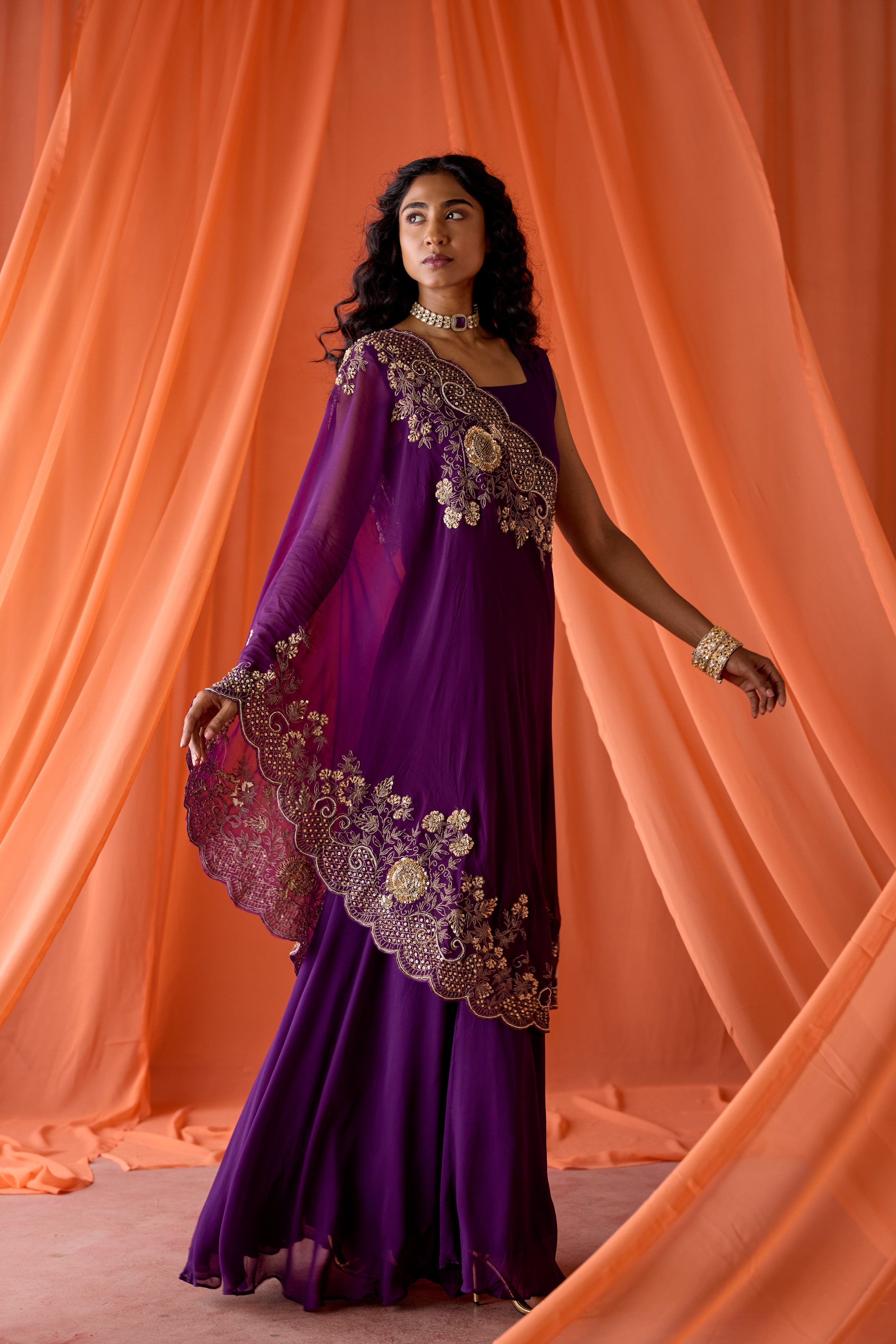 Purple Embellished Georgette Silk Gown Set