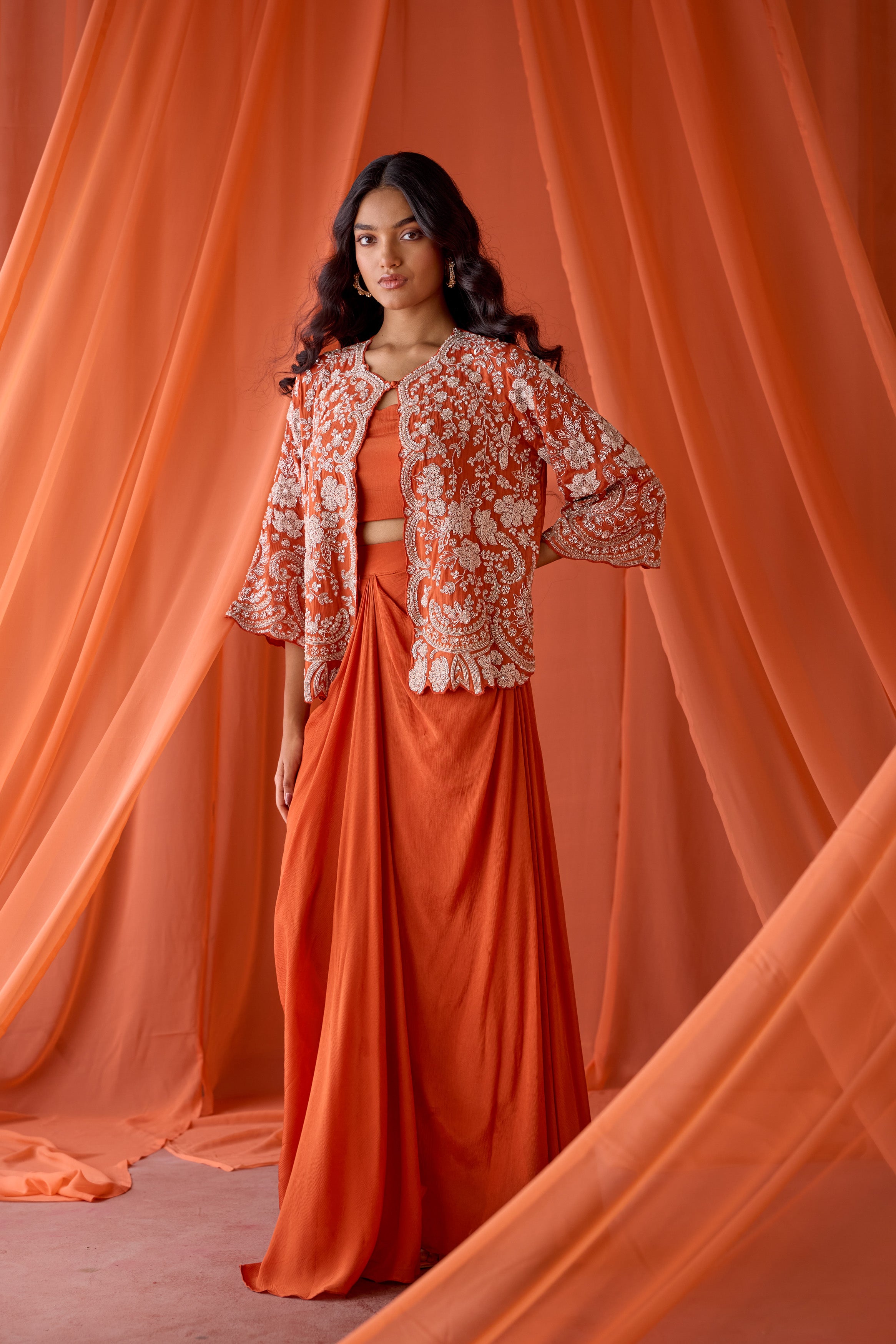 Fire Orange Embellished Chinon Silk Skirt Set