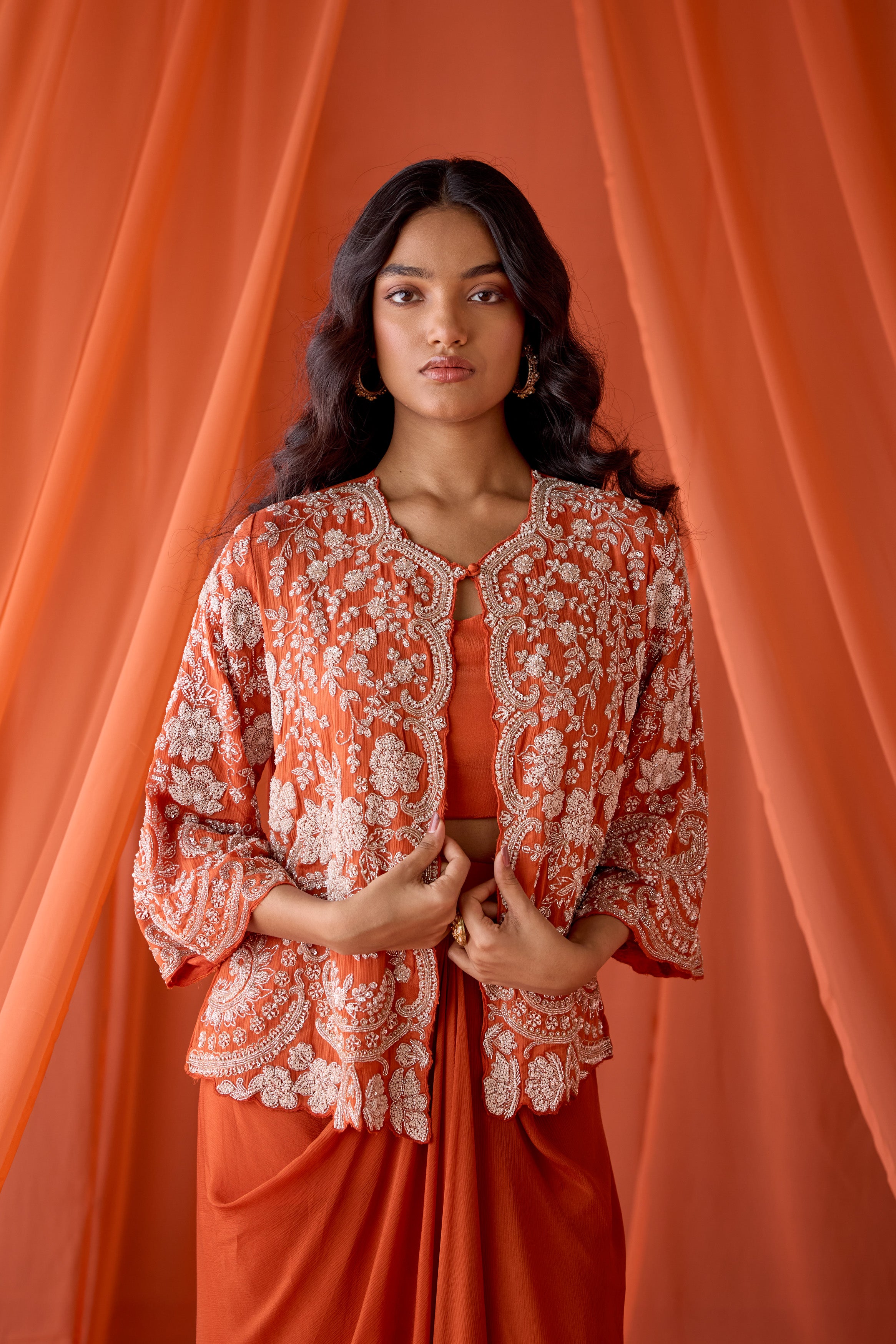 Fire Orange Embellished Chinon Silk Skirt Set