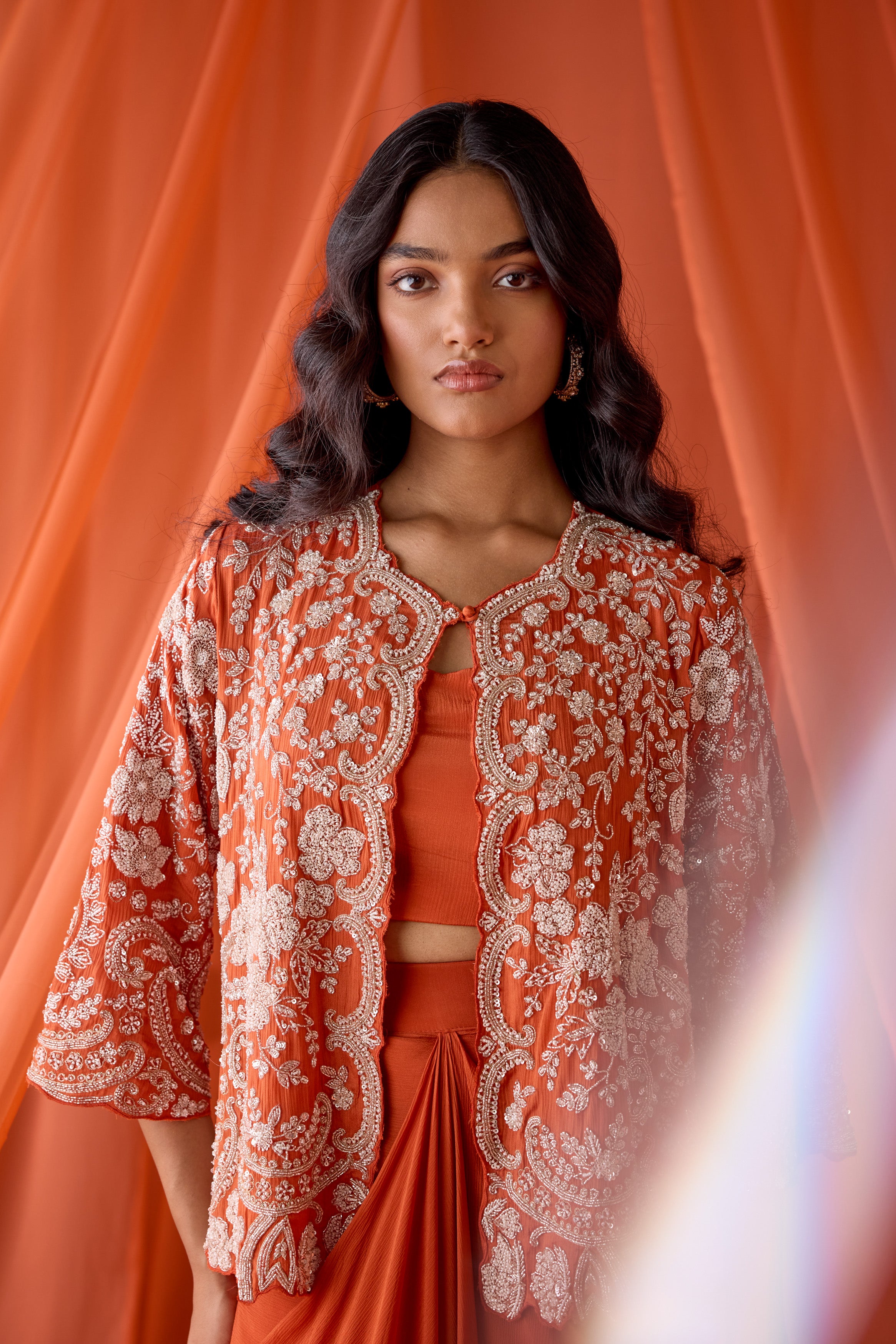 Fire Orange Embellished Chinon Silk Skirt Set