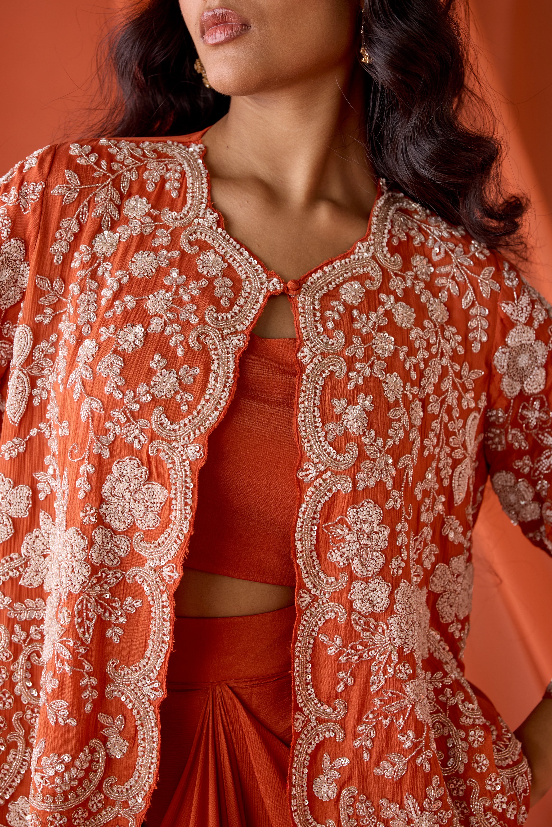 Fire Orange Embellished Chinon Silk Skirt Set