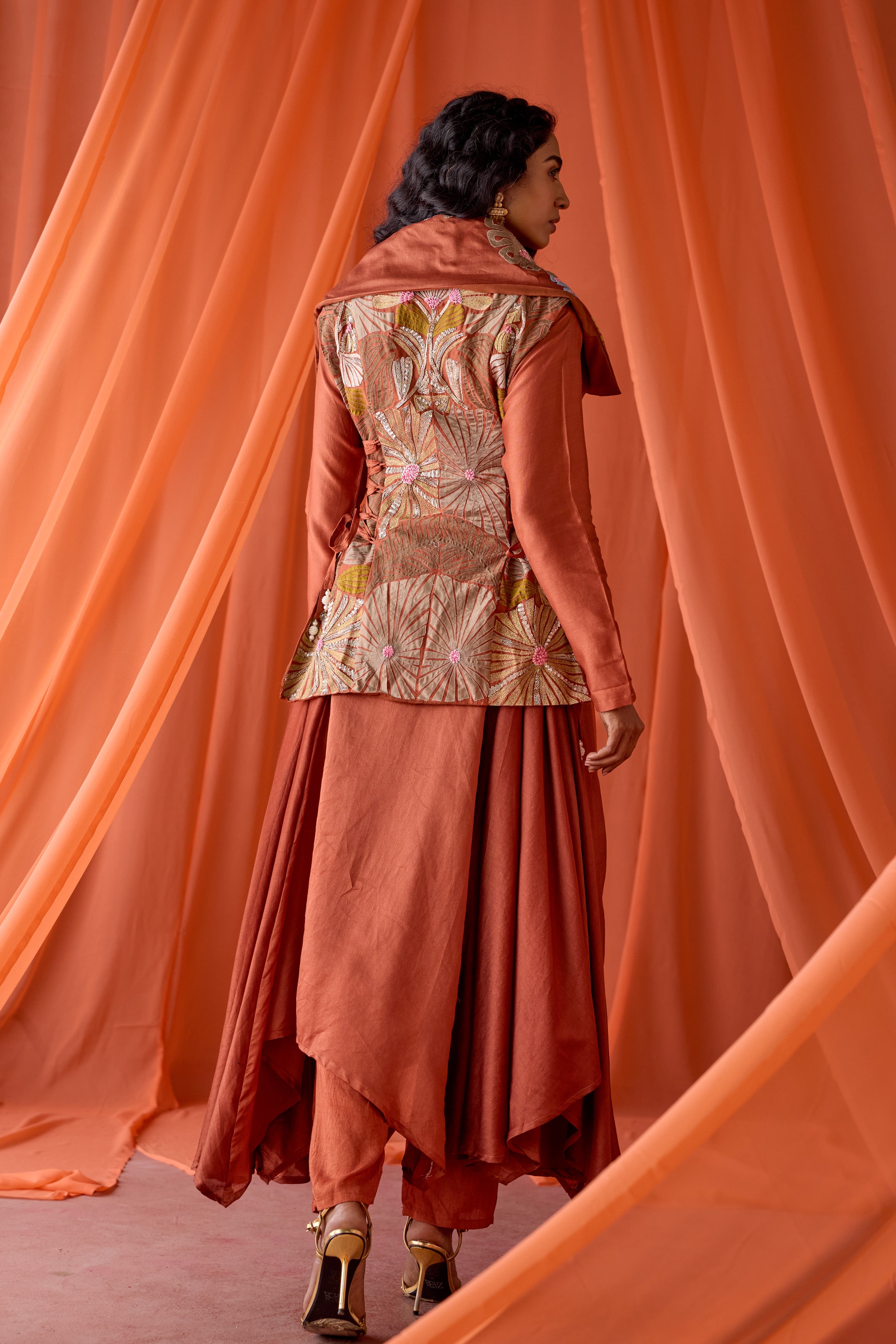 Rust Orange Embellished Raw Silk Tunic Set