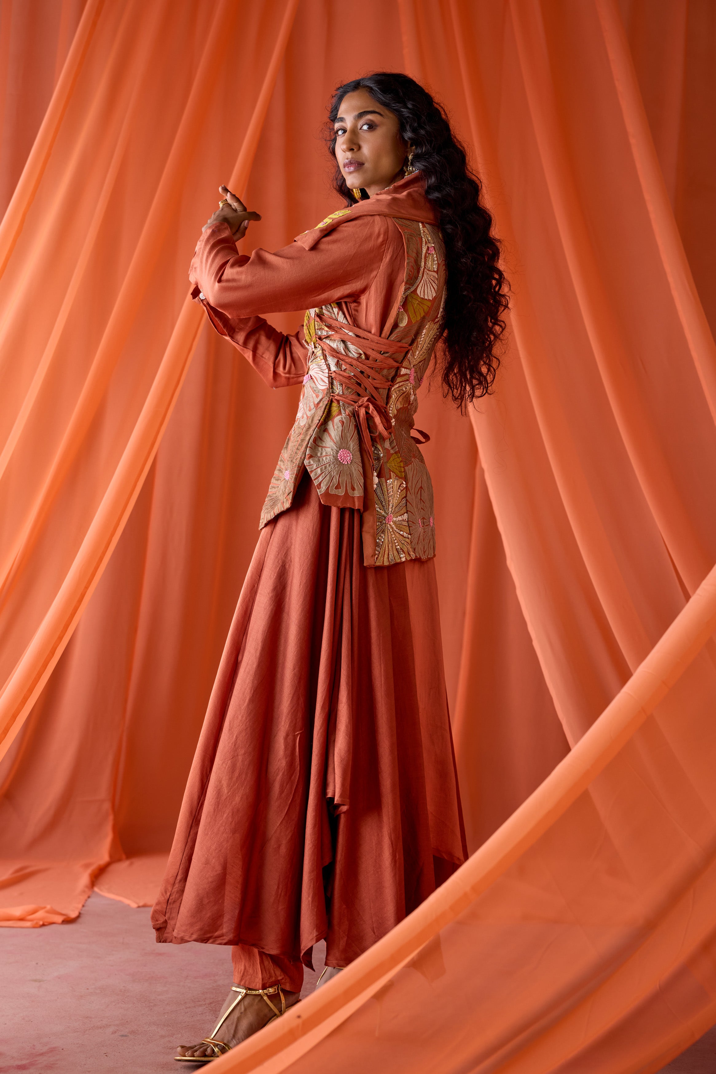 Rust Orange Embellished Raw Silk Tunic Set