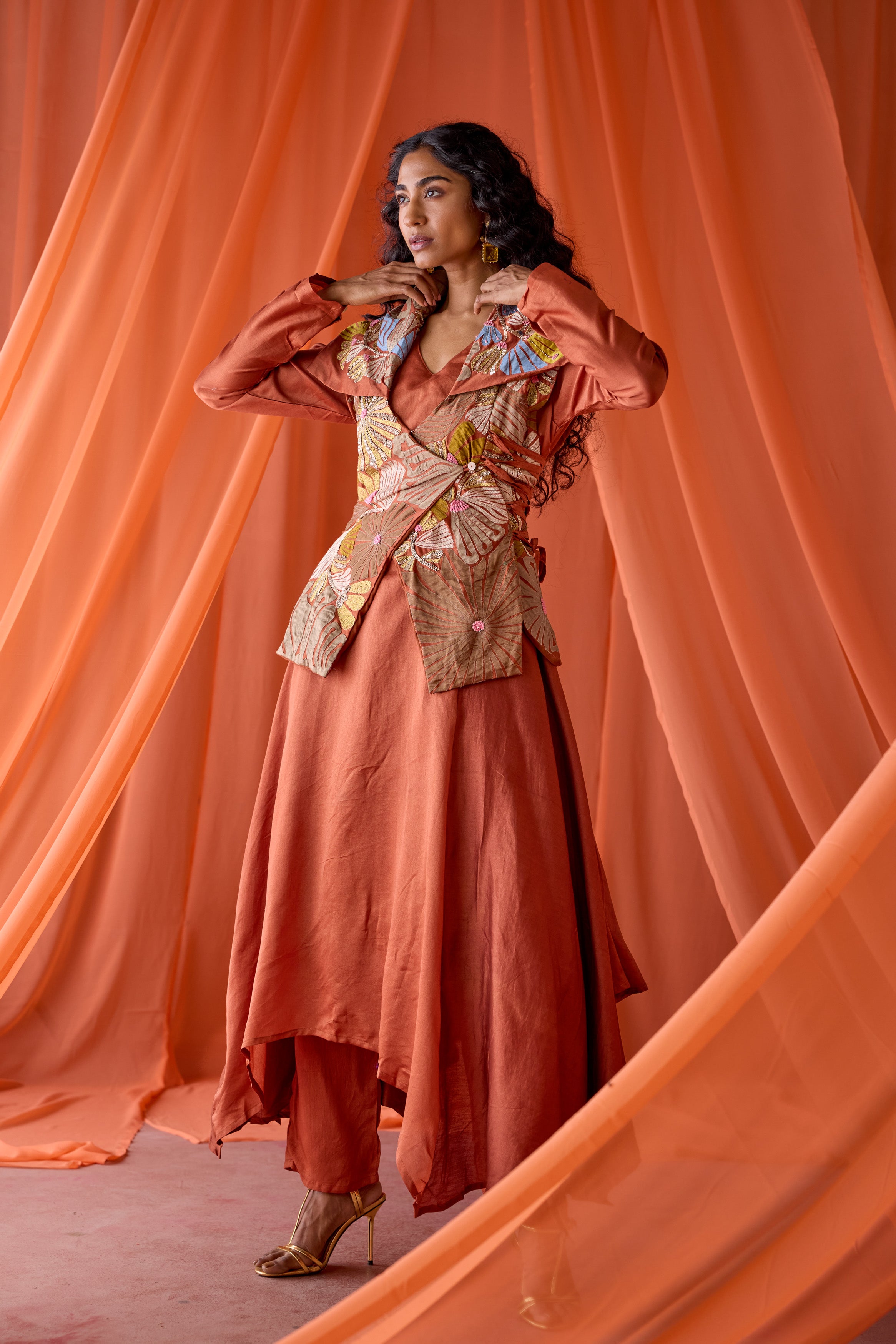 Rust Orange Embellished Raw Silk Tunic Set