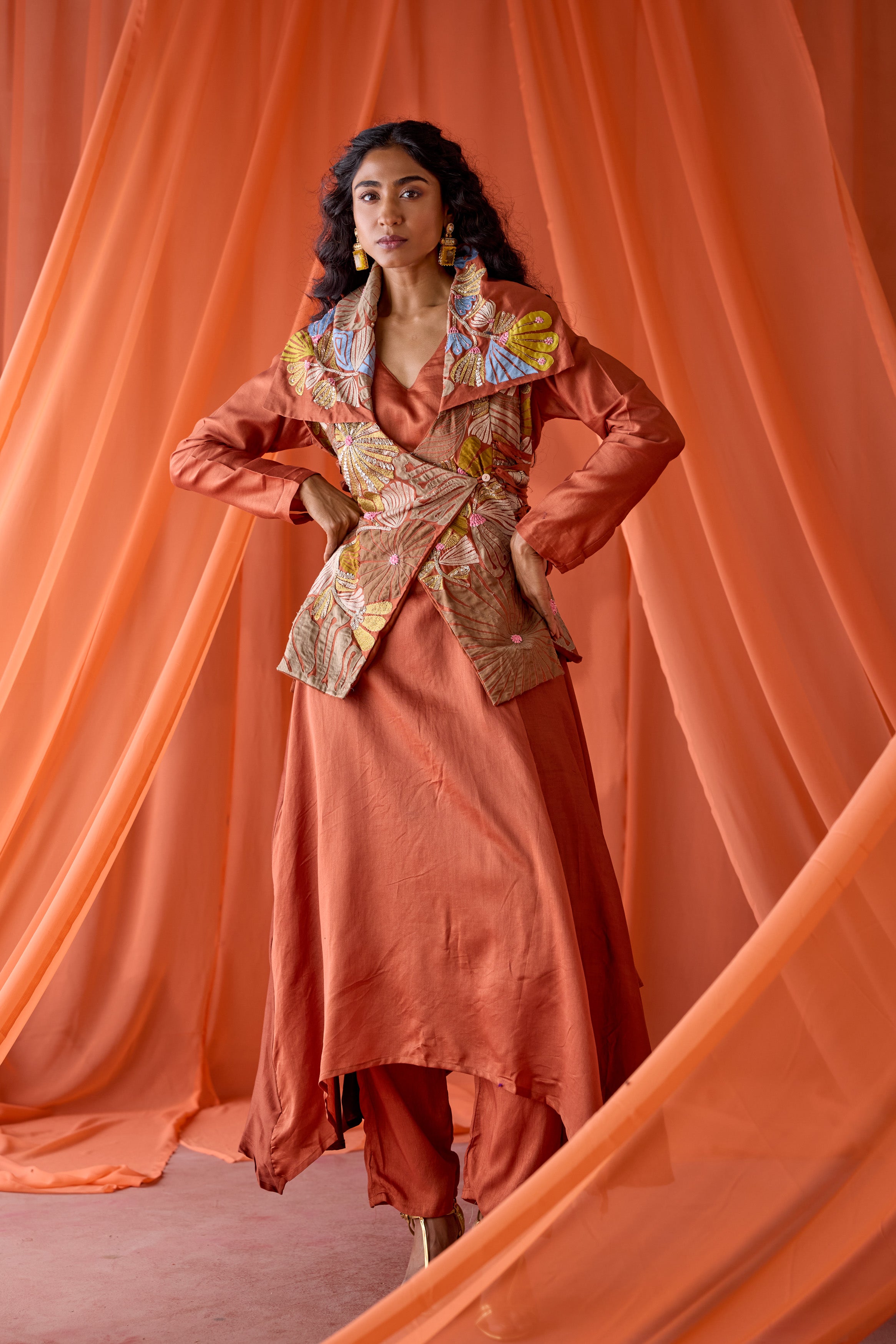 Rust Orange Embellished Raw Silk Tunic Set