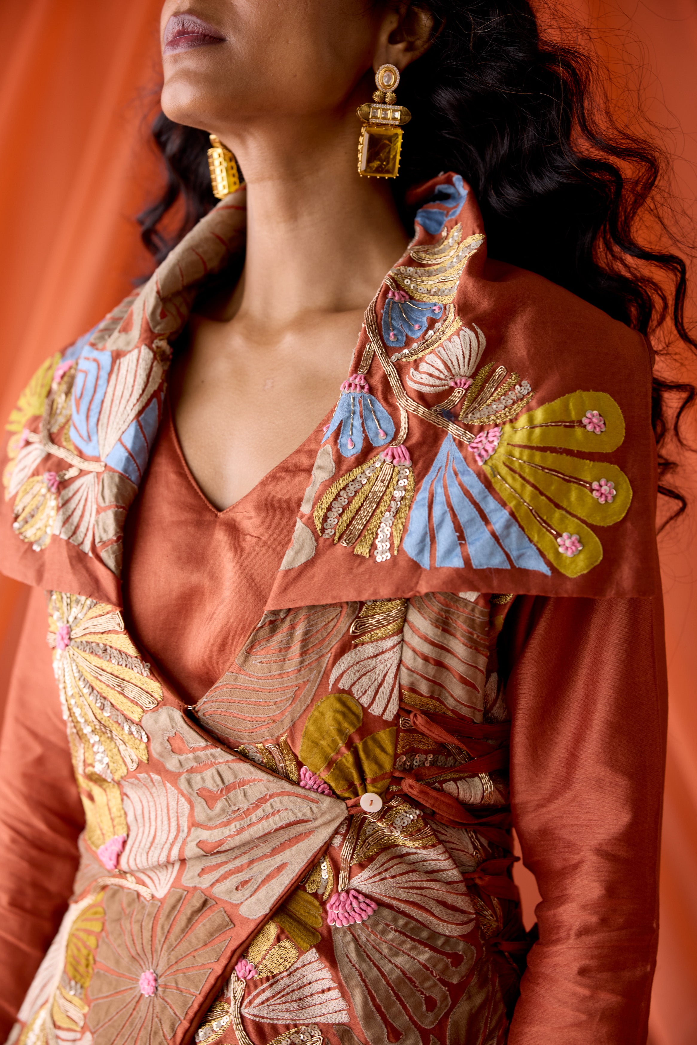 Rust Orange Embellished Raw Silk Tunic Set