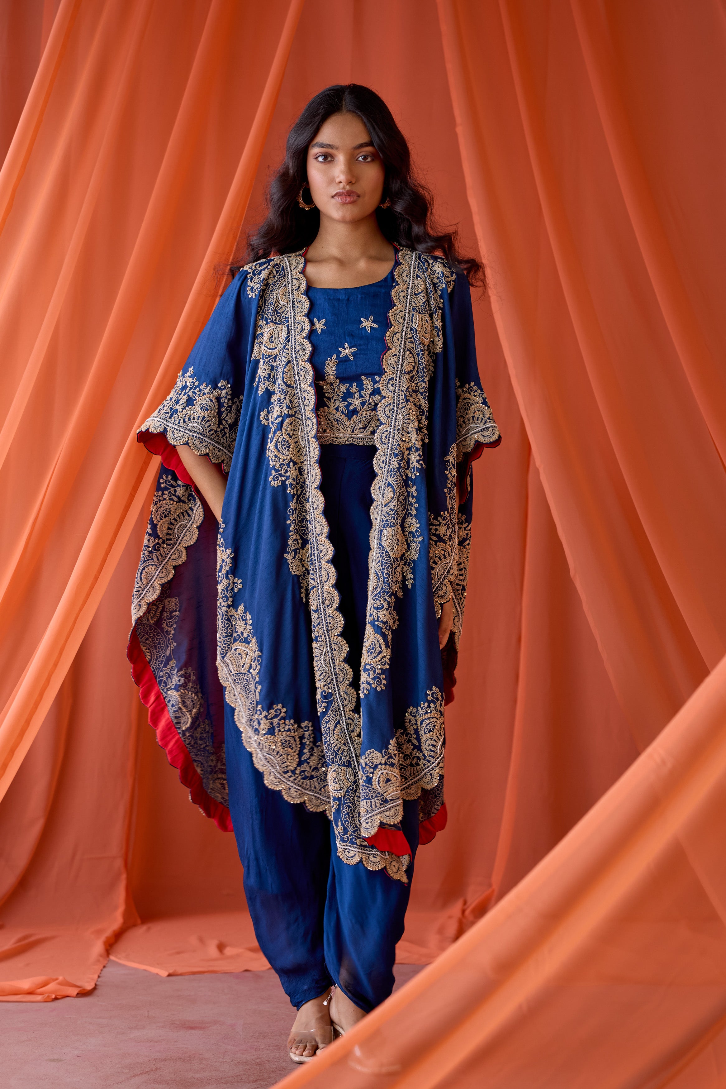 Blue Embellished Raw Silk Cape Set
