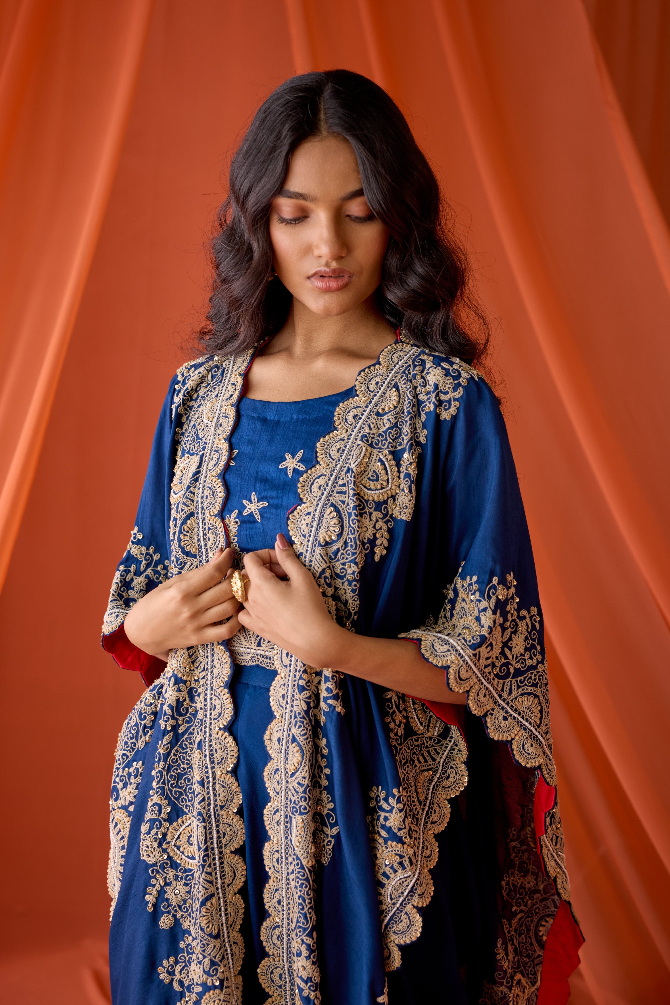 Blue Embellished Raw Silk Cape Set