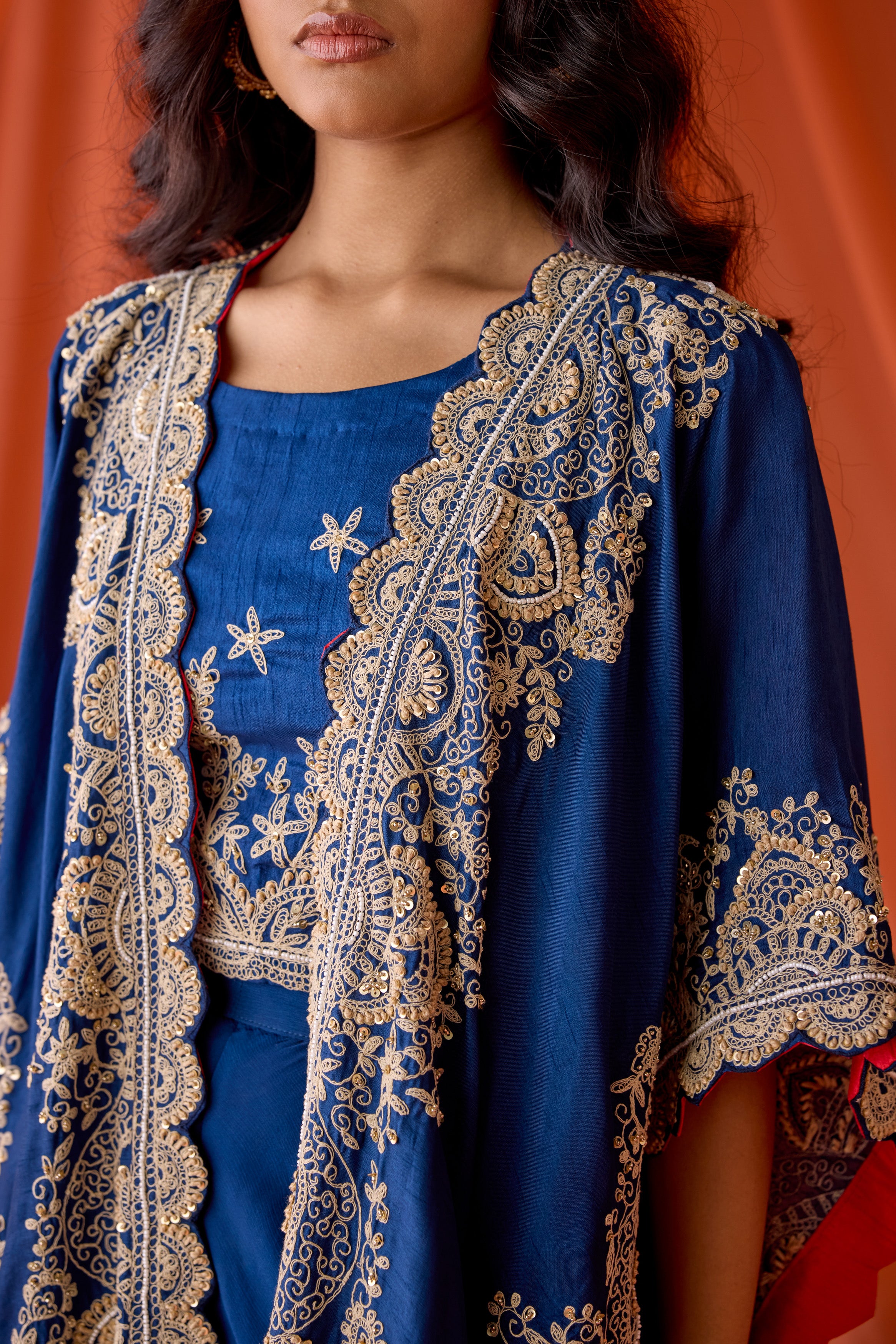 Blue Embellished Raw Silk Cape Set