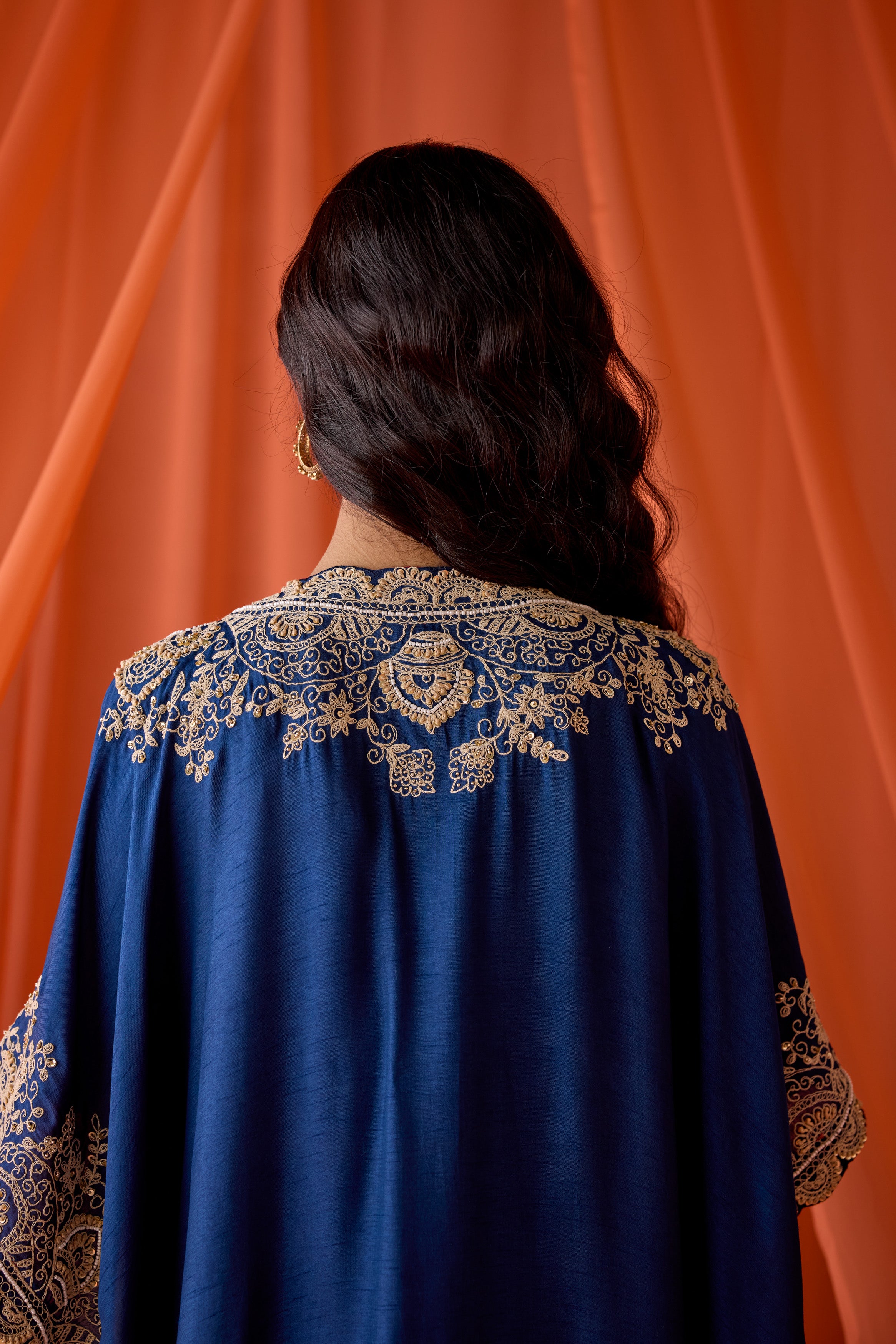 Blue Embellished Raw Silk Cape Set