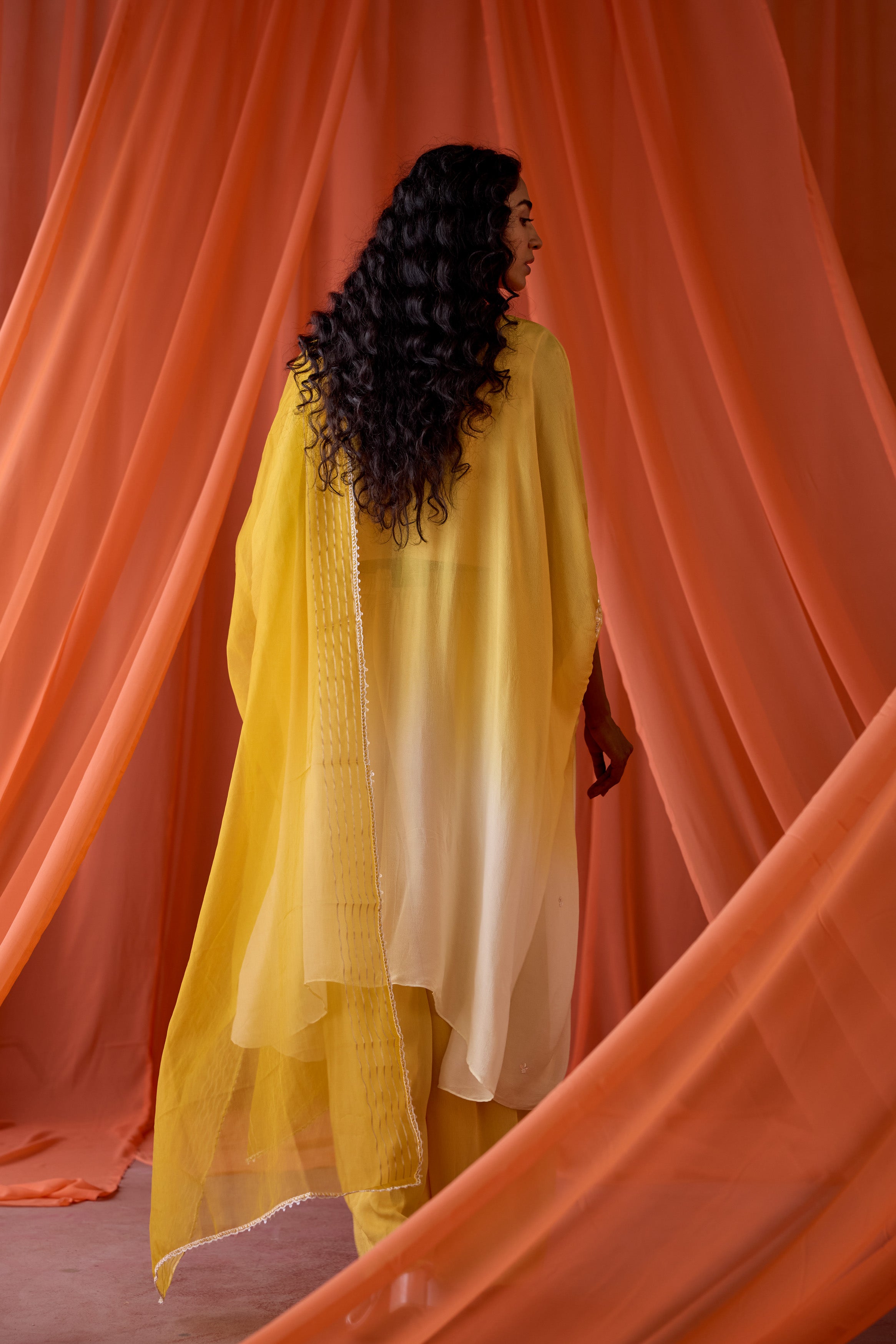 Golden Sunrise Embellished Chinon Silk Kaftan Set