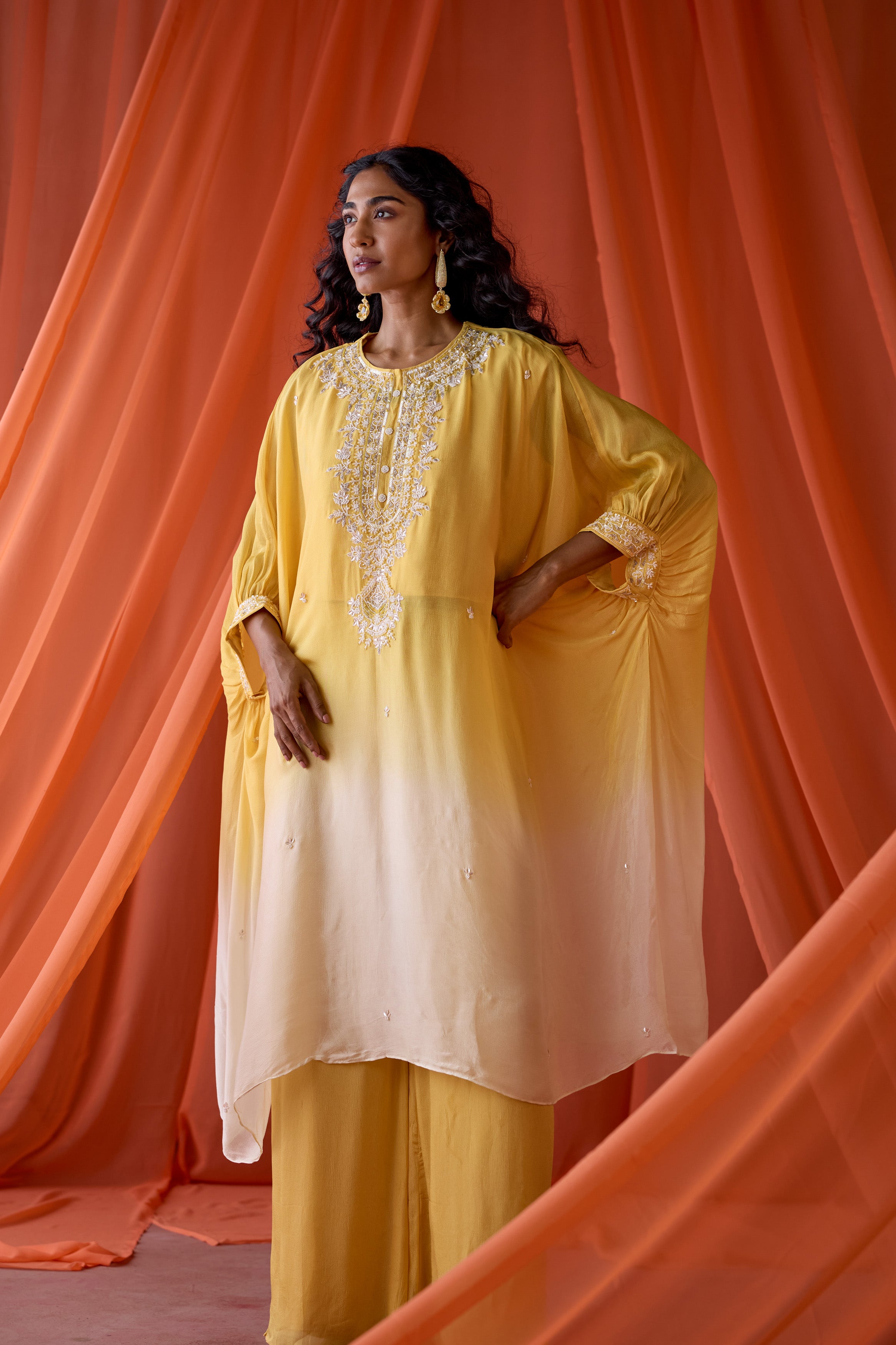 Golden Sunrise Embellished Chinon Silk Kaftan Set