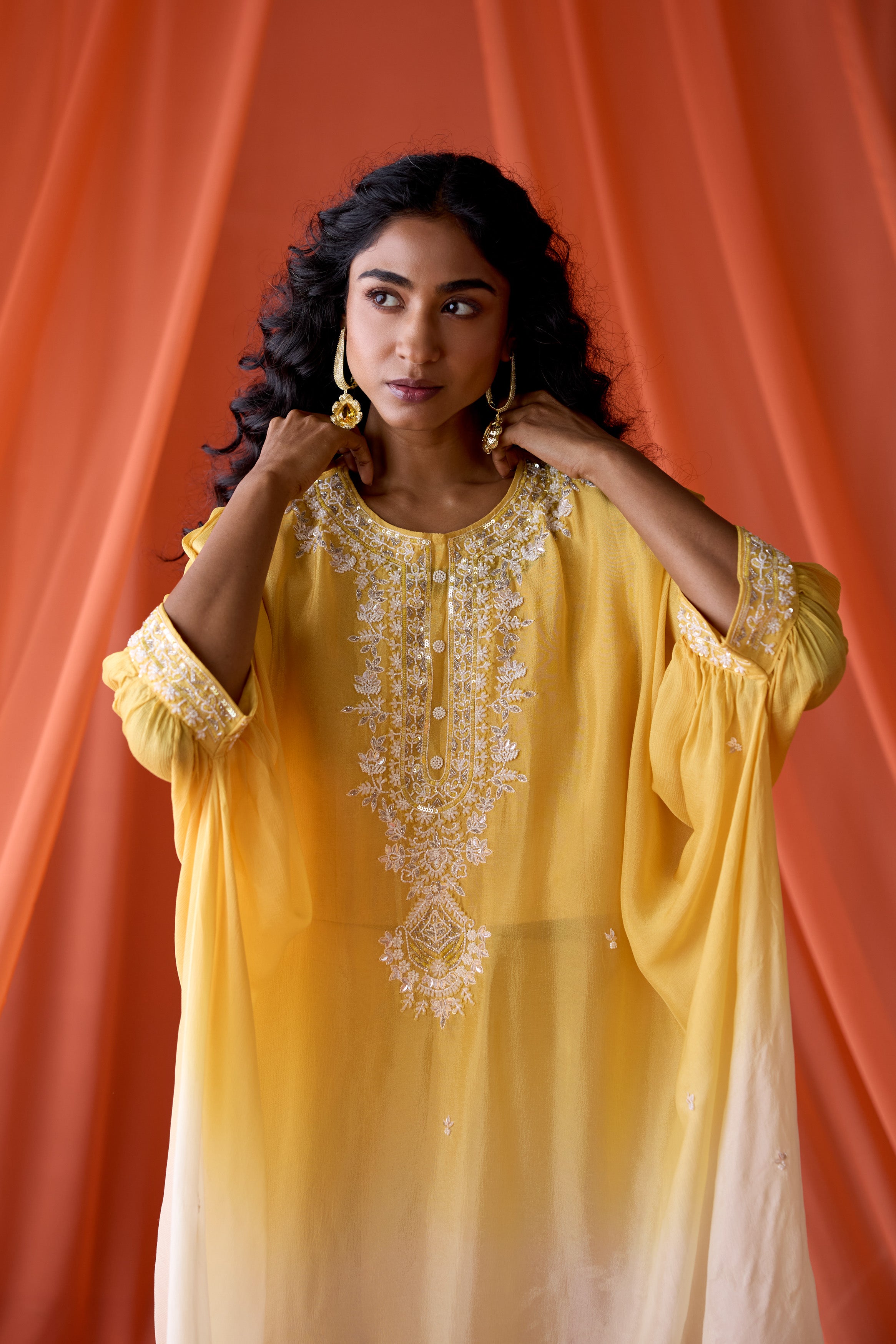 Golden Sunrise Embellished Chinon Silk Kaftan Set