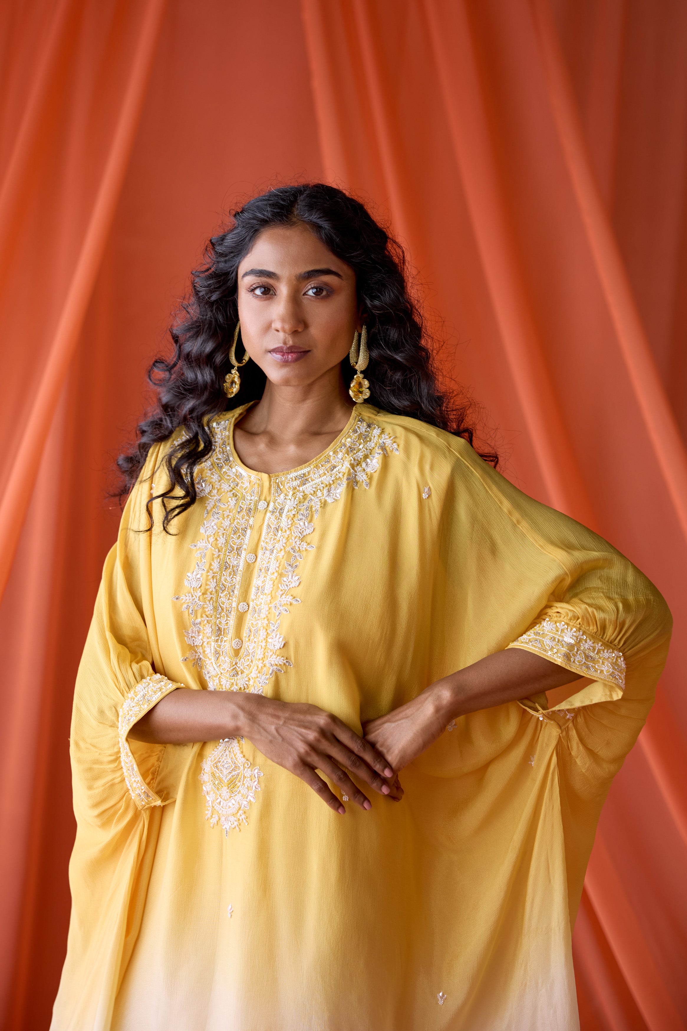 Golden Sunrise Embellished Chinon Silk Kaftan Set