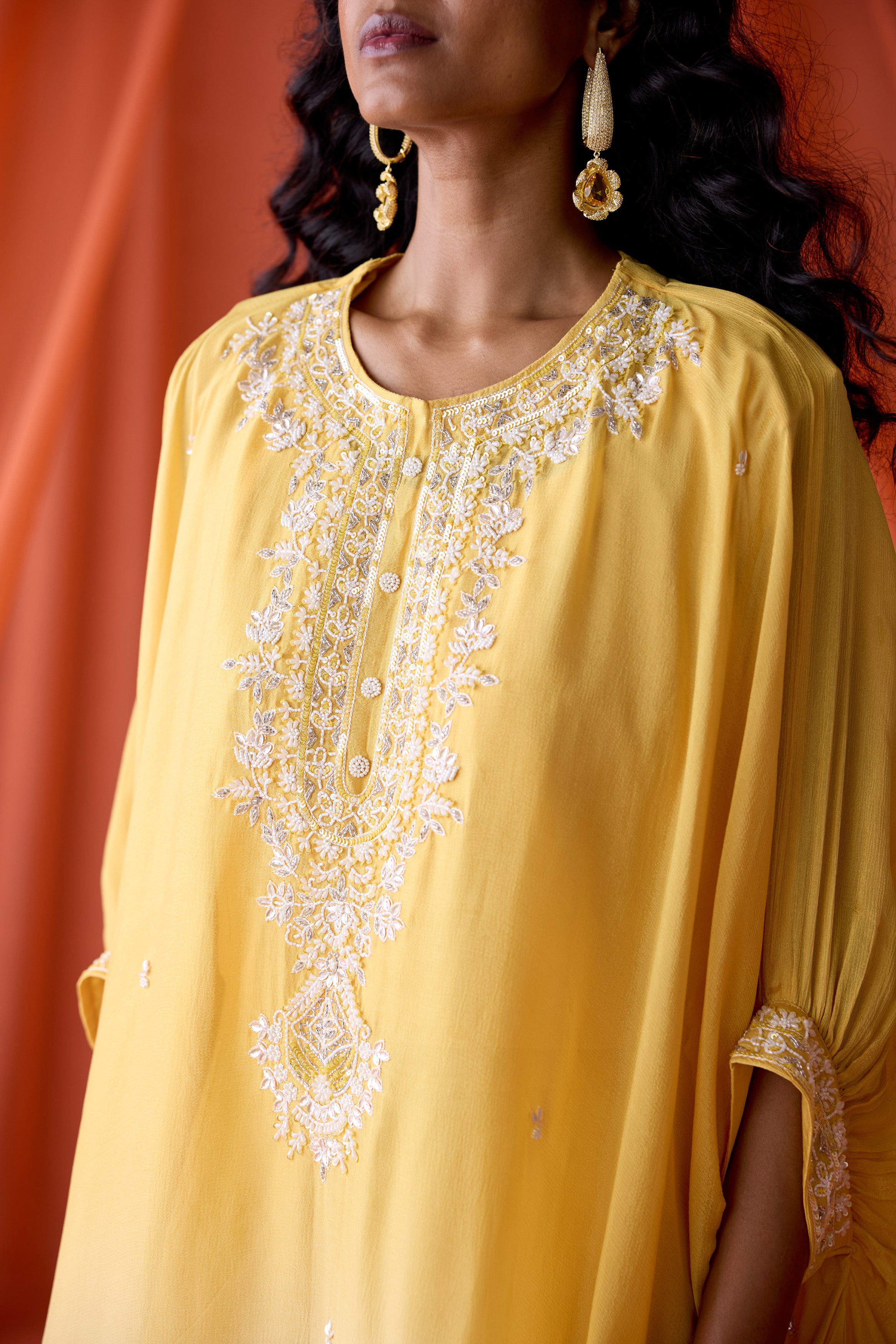 Golden Sunrise Embellished Chinon Silk Kaftan Set