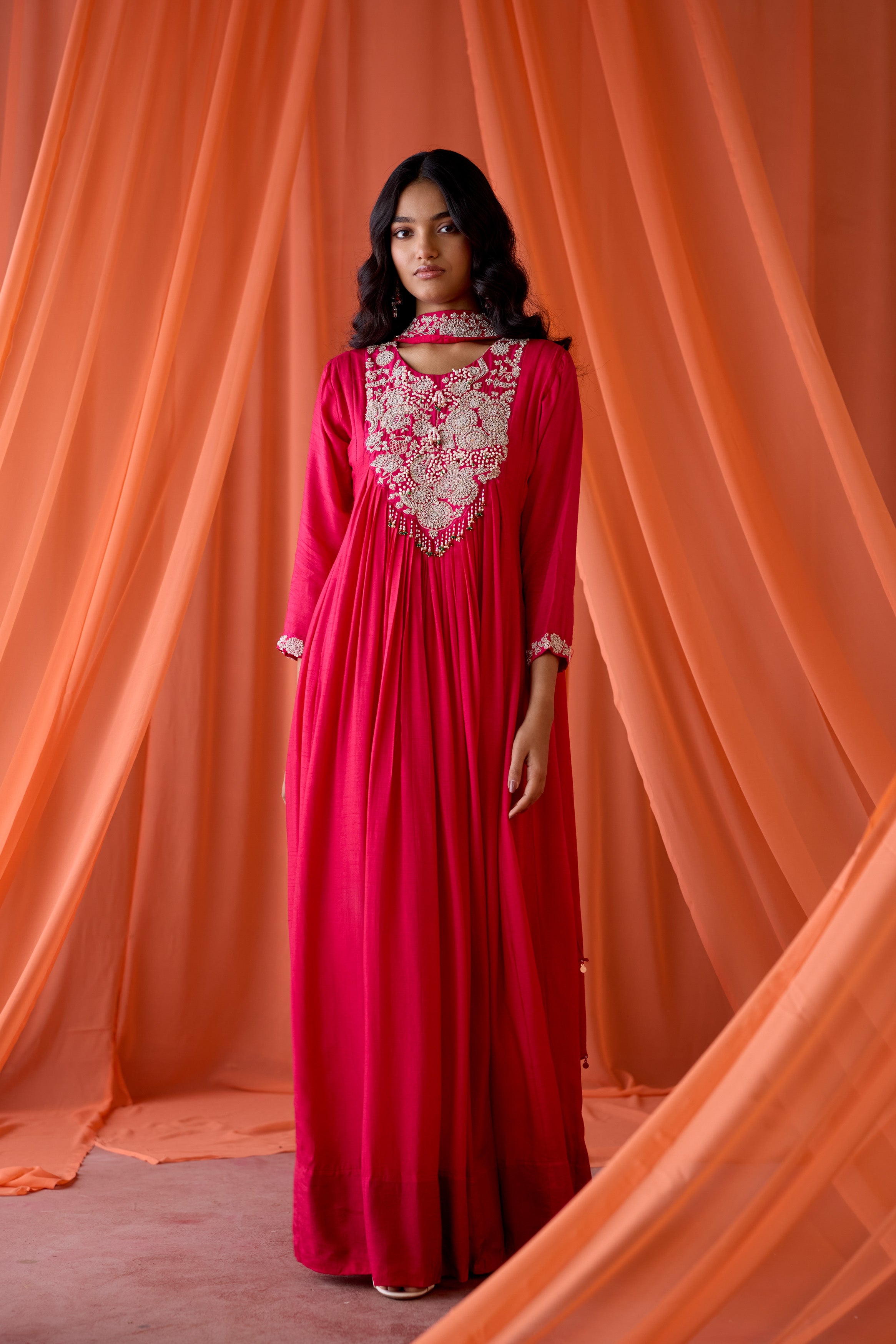 Hot Pink Embellished Raw Silk Gown