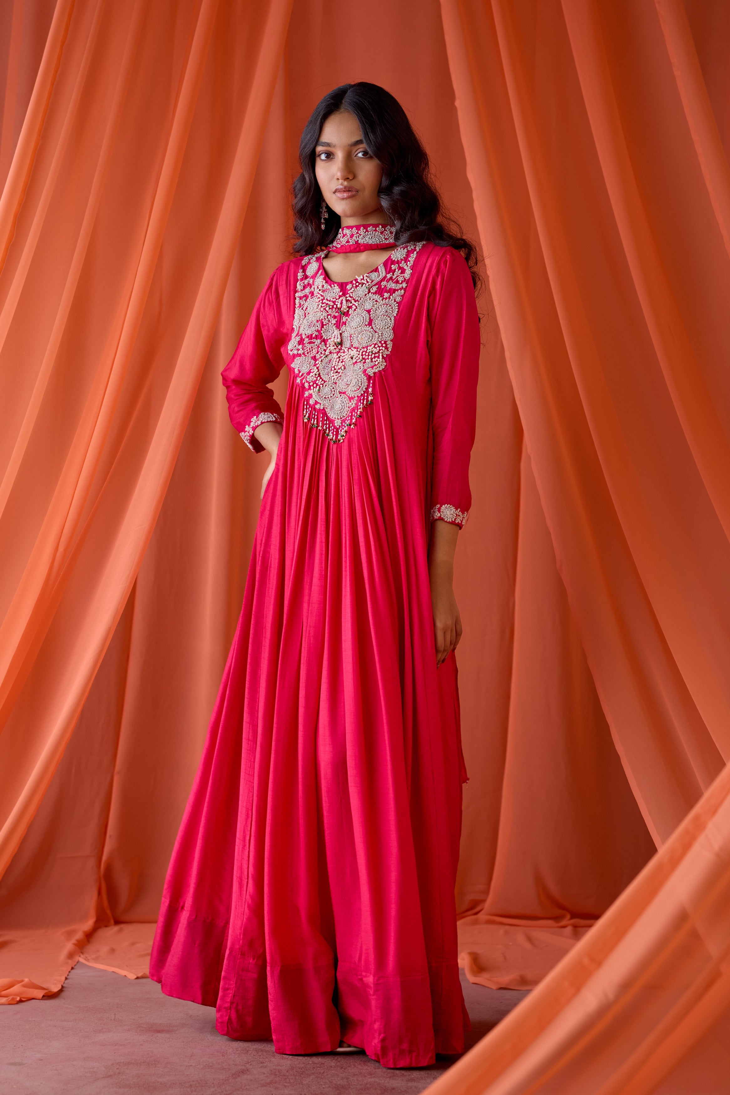 Hot Pink Embellished Raw Silk Gown