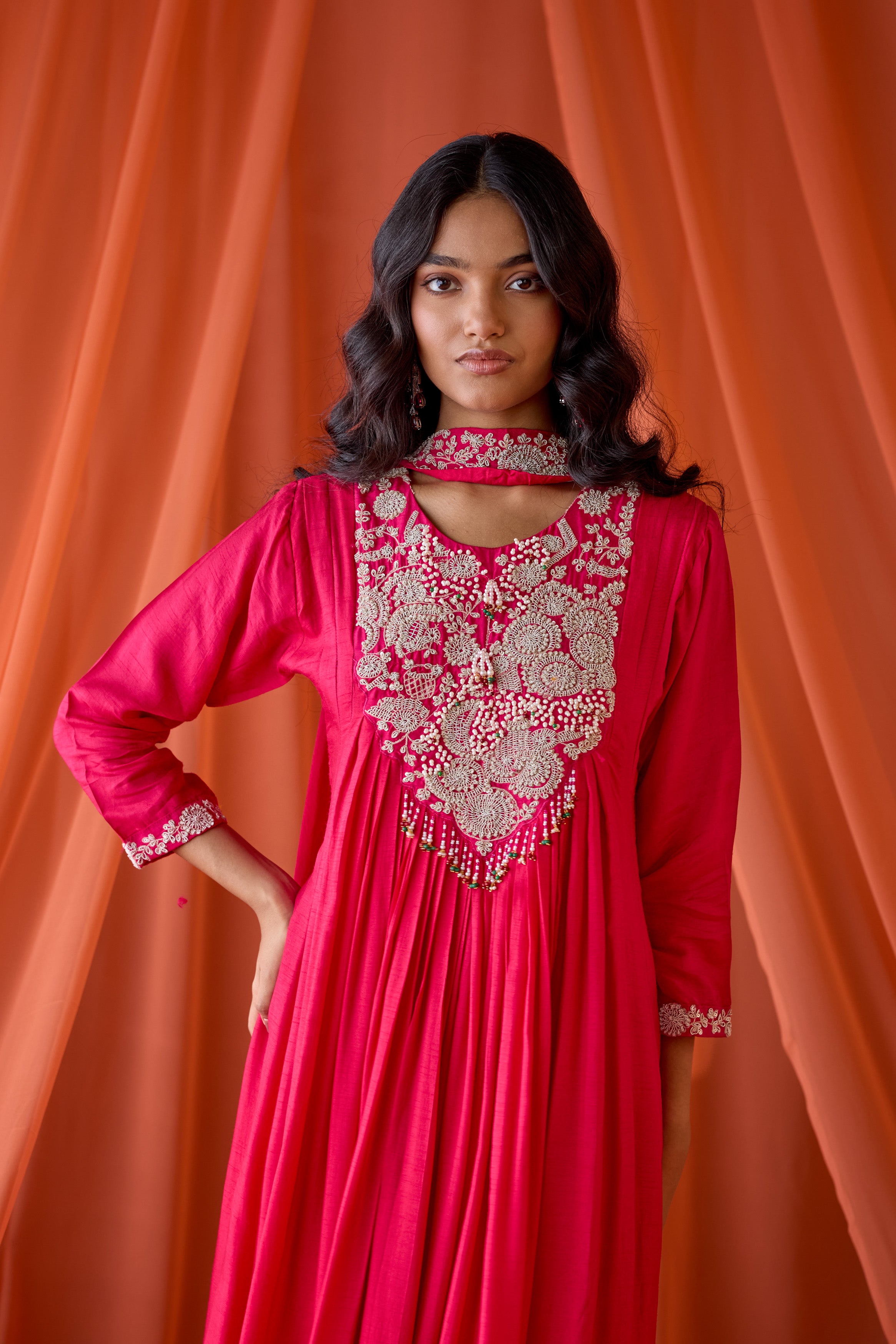 Hot Pink Embellished Raw Silk Gown