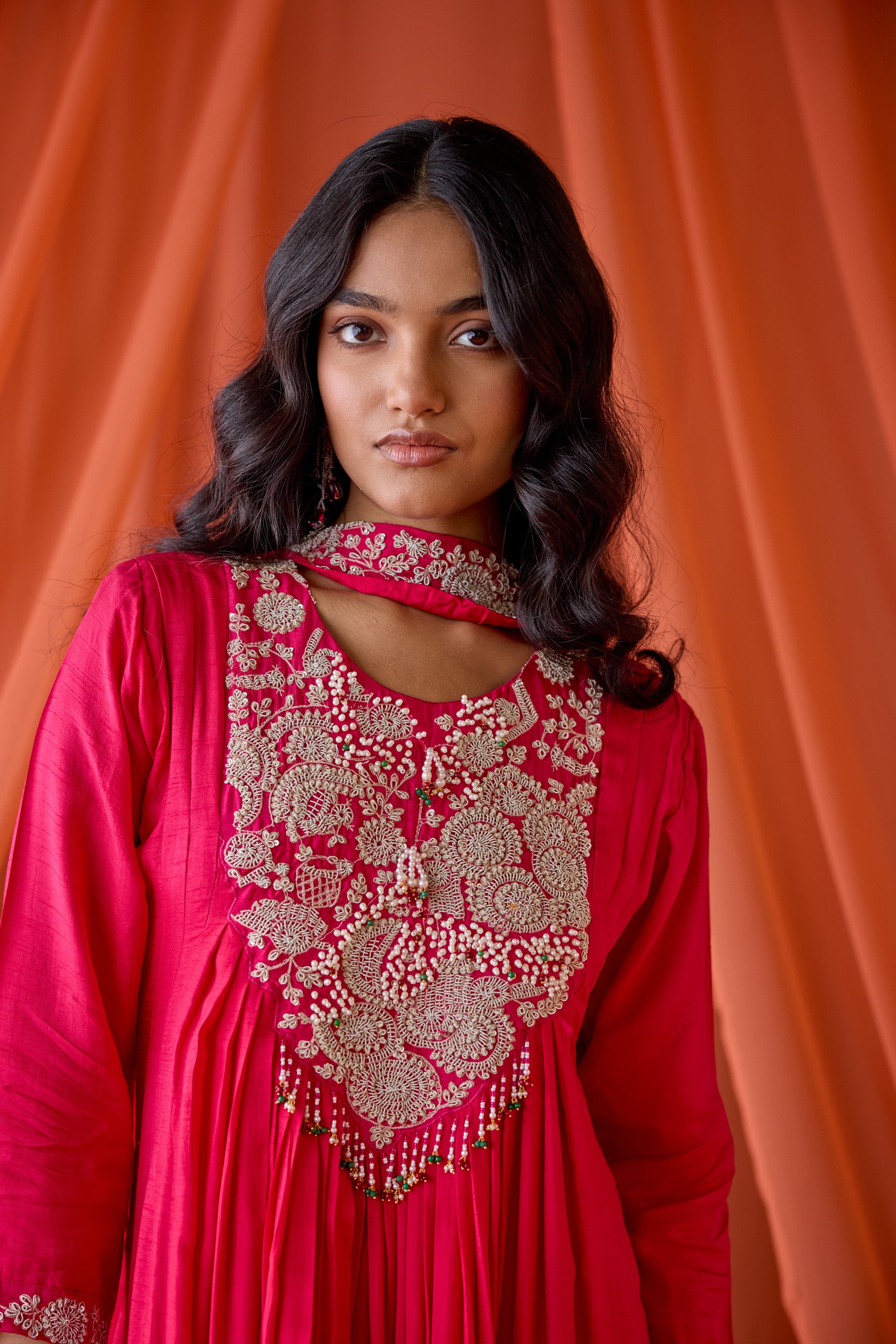 Hot Pink Embellished Raw Silk Gown