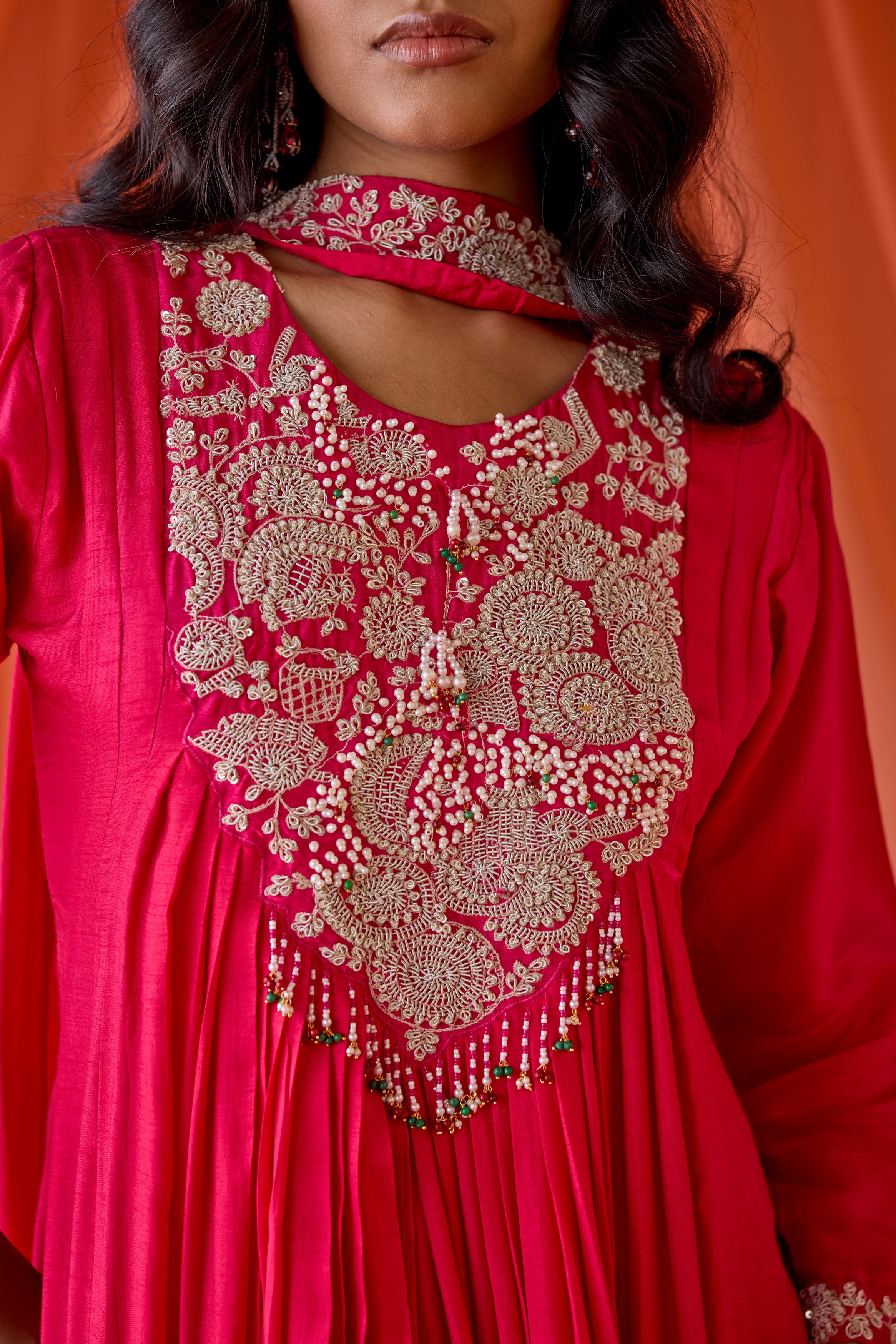 Hot Pink Embellished Raw Silk Gown