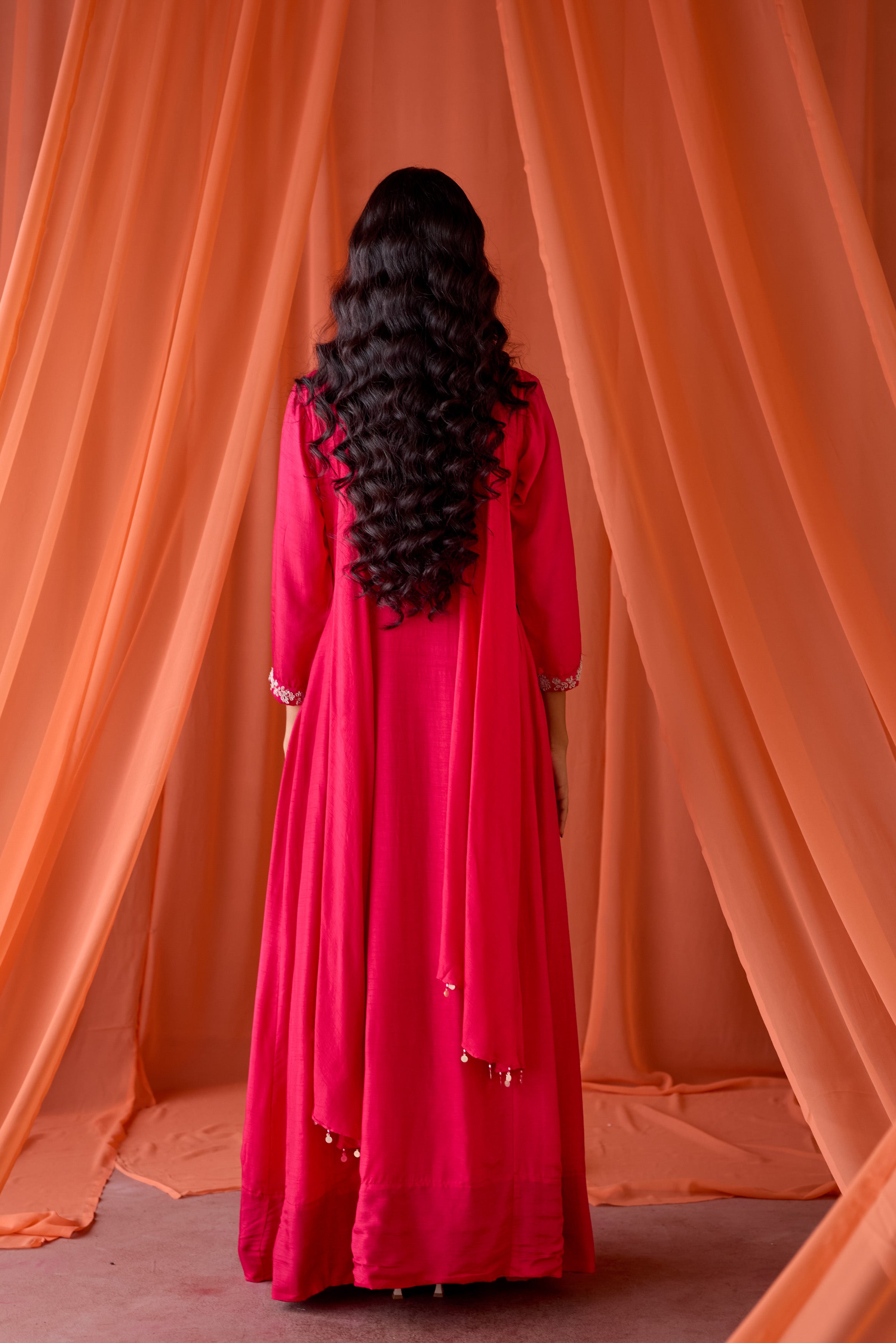 Hot Pink Embellished Raw Silk Gown