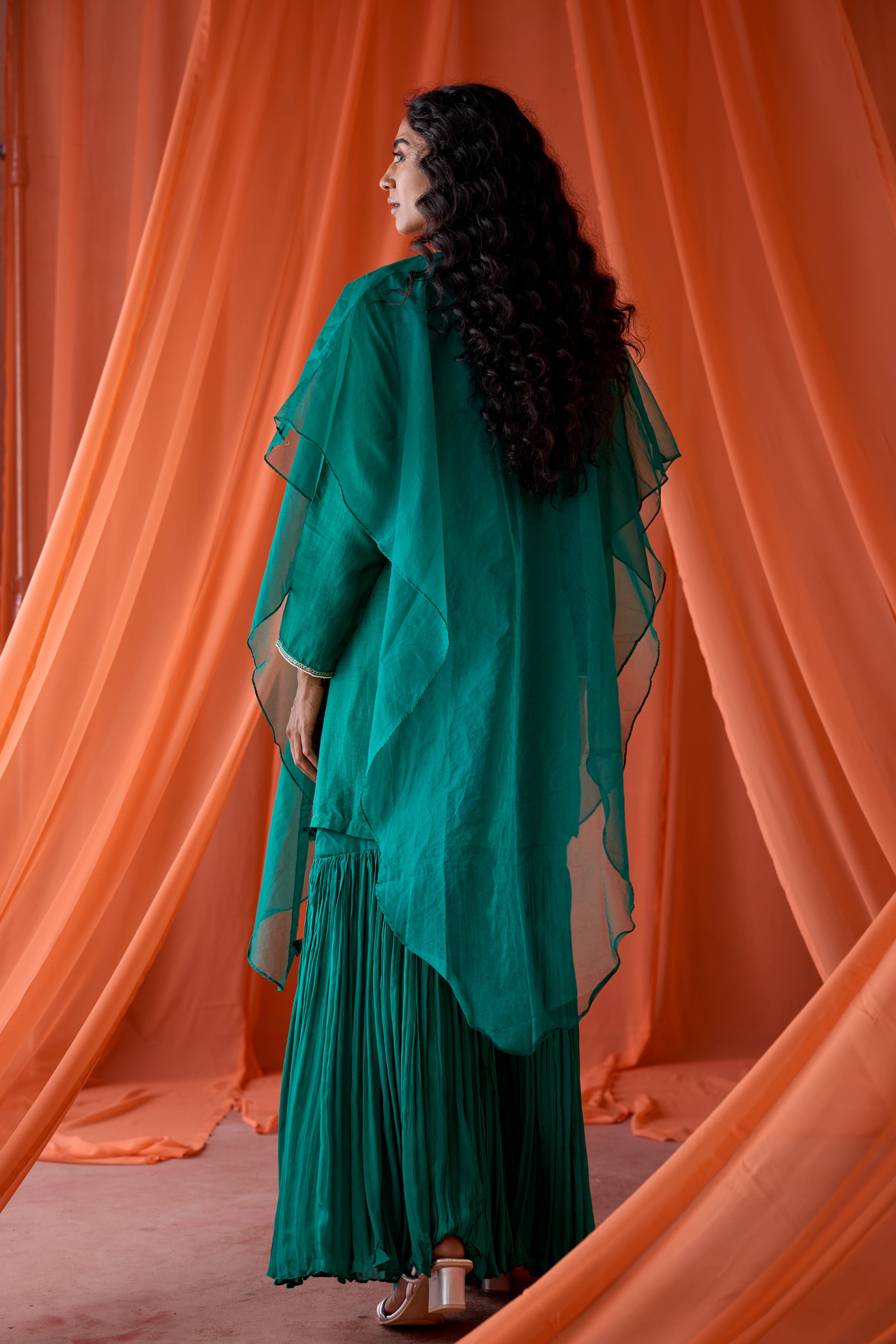 Teal Green Embellished Raw Silk Sharara Set