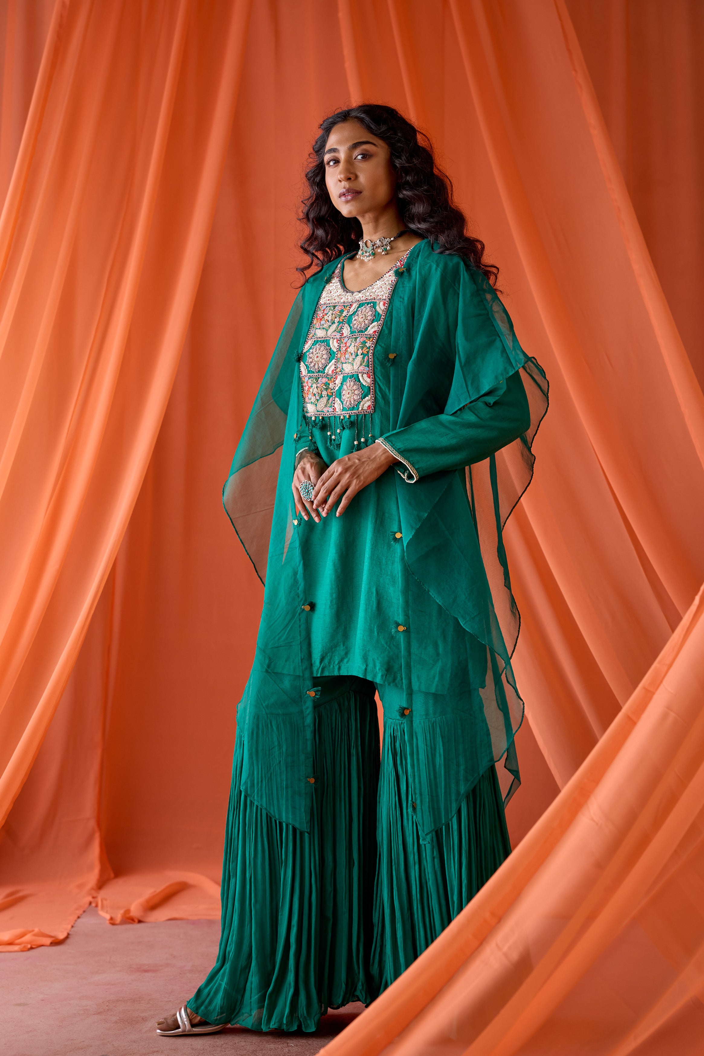 Teal Green Embellished Raw Silk Sharara Set