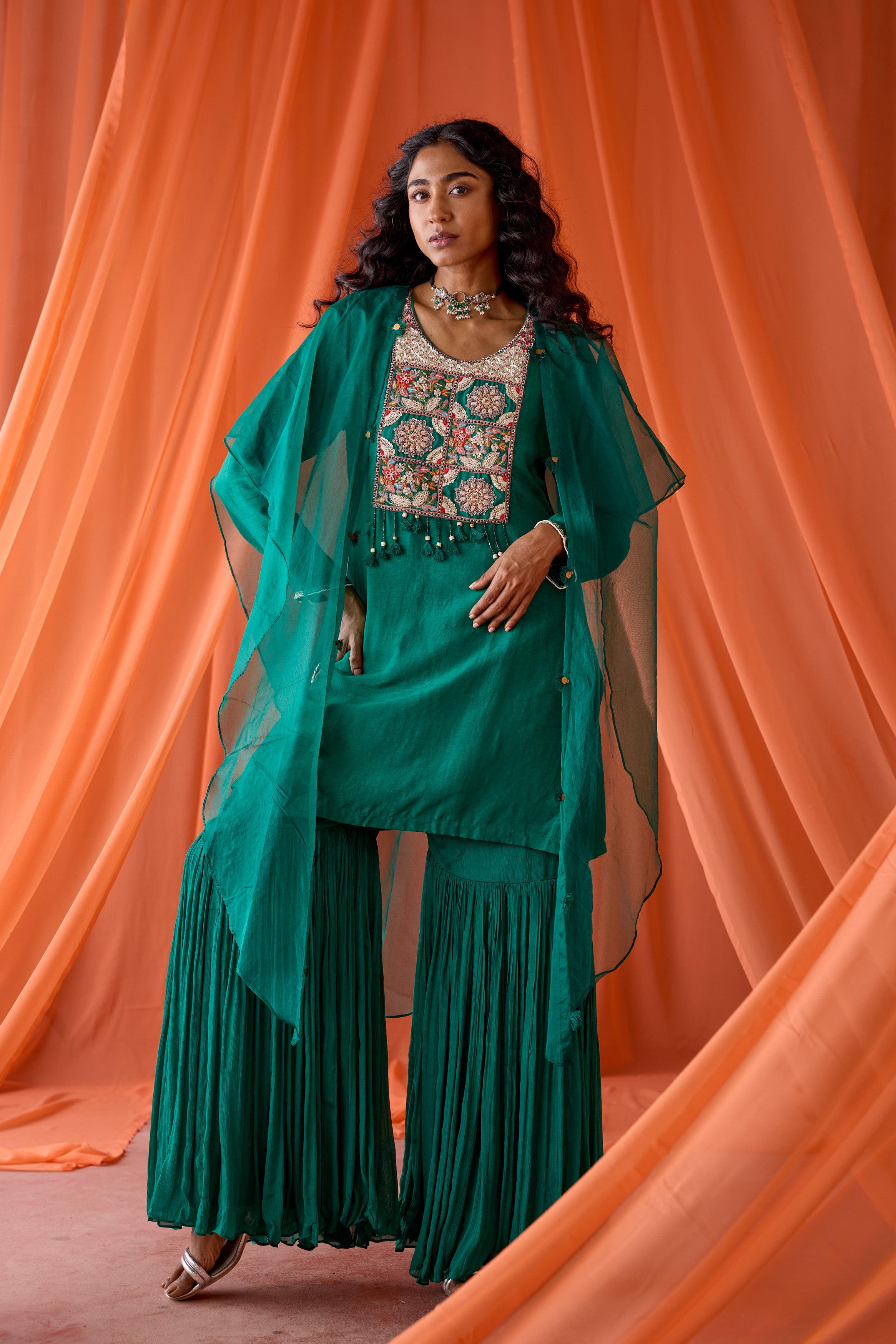Teal Green Embellished Raw Silk Sharara Set