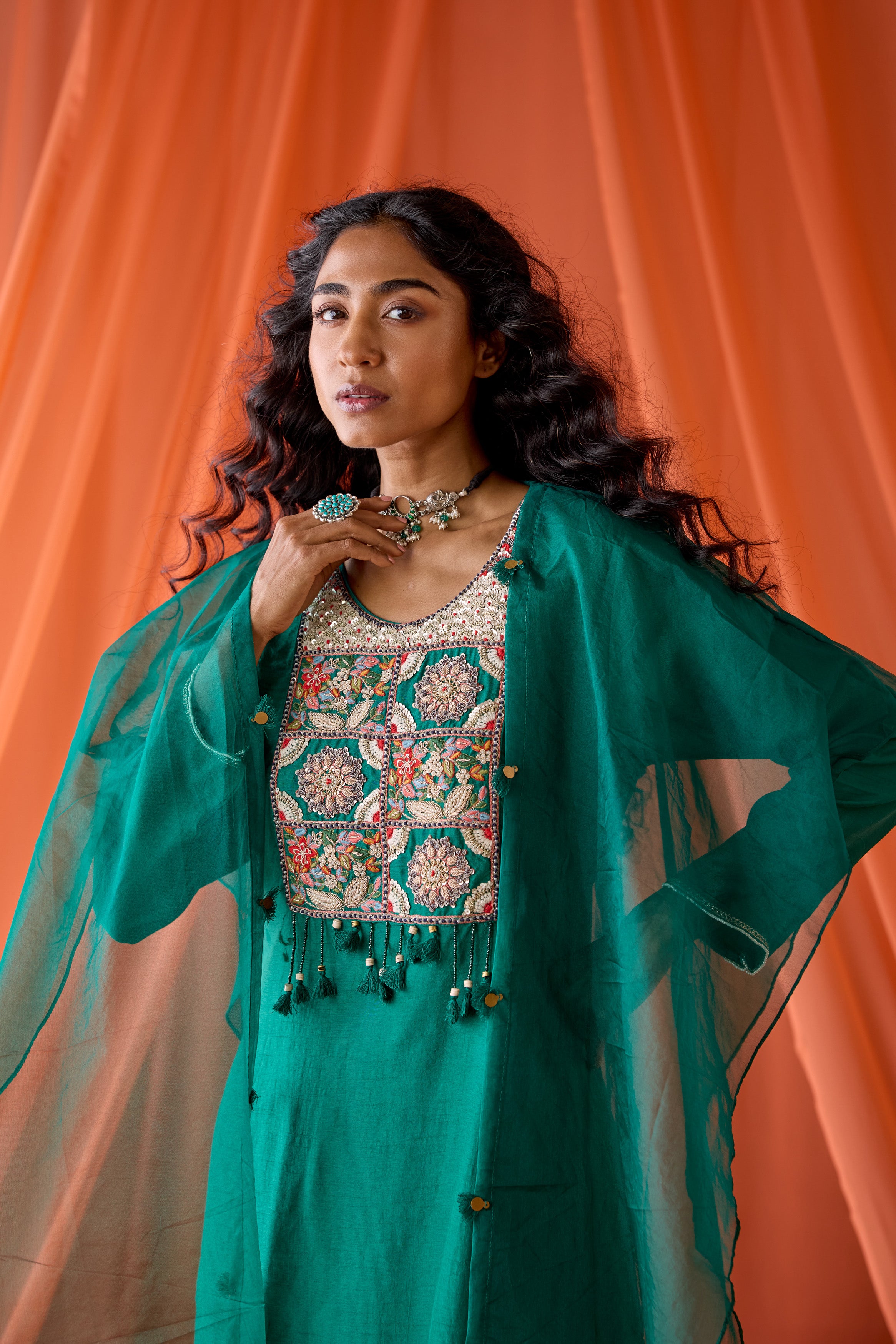 Teal Green Embellished Raw Silk Sharara Set