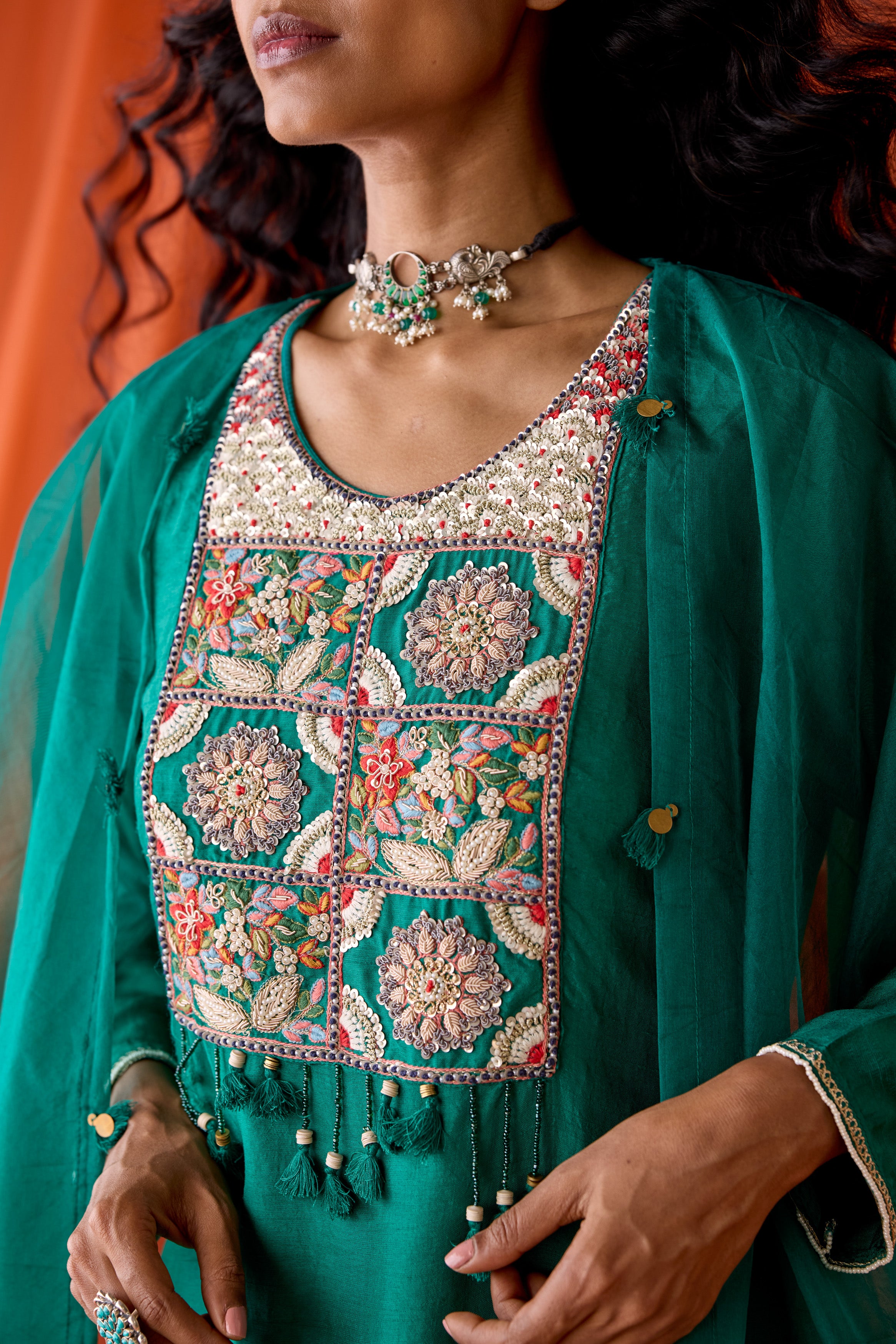 Teal Green Embellished Raw Silk Sharara Set