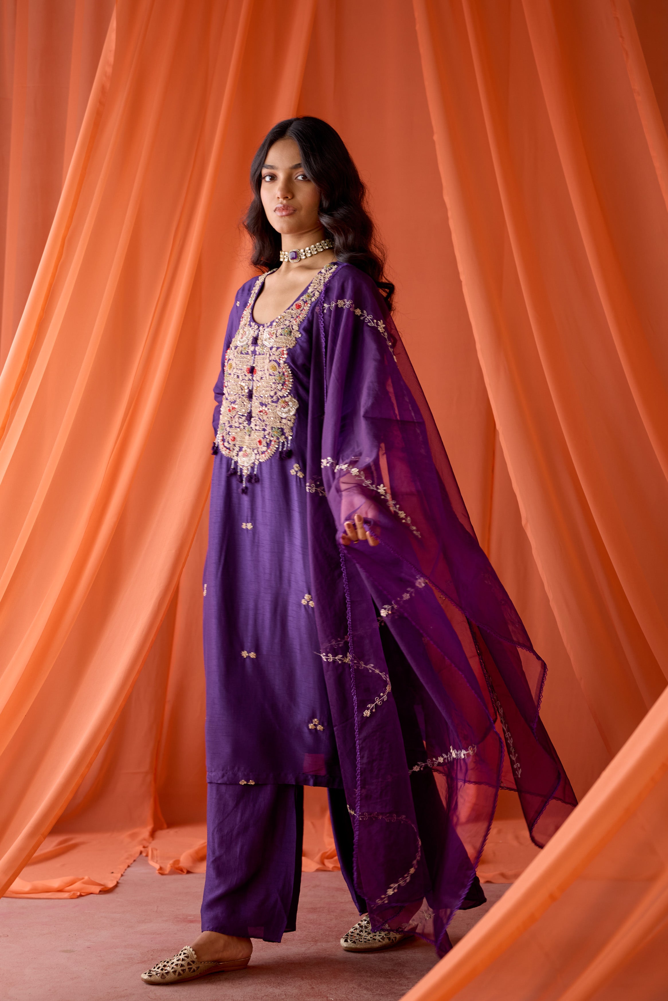 Royal Orchid Embellished Raw Silk Pant Set